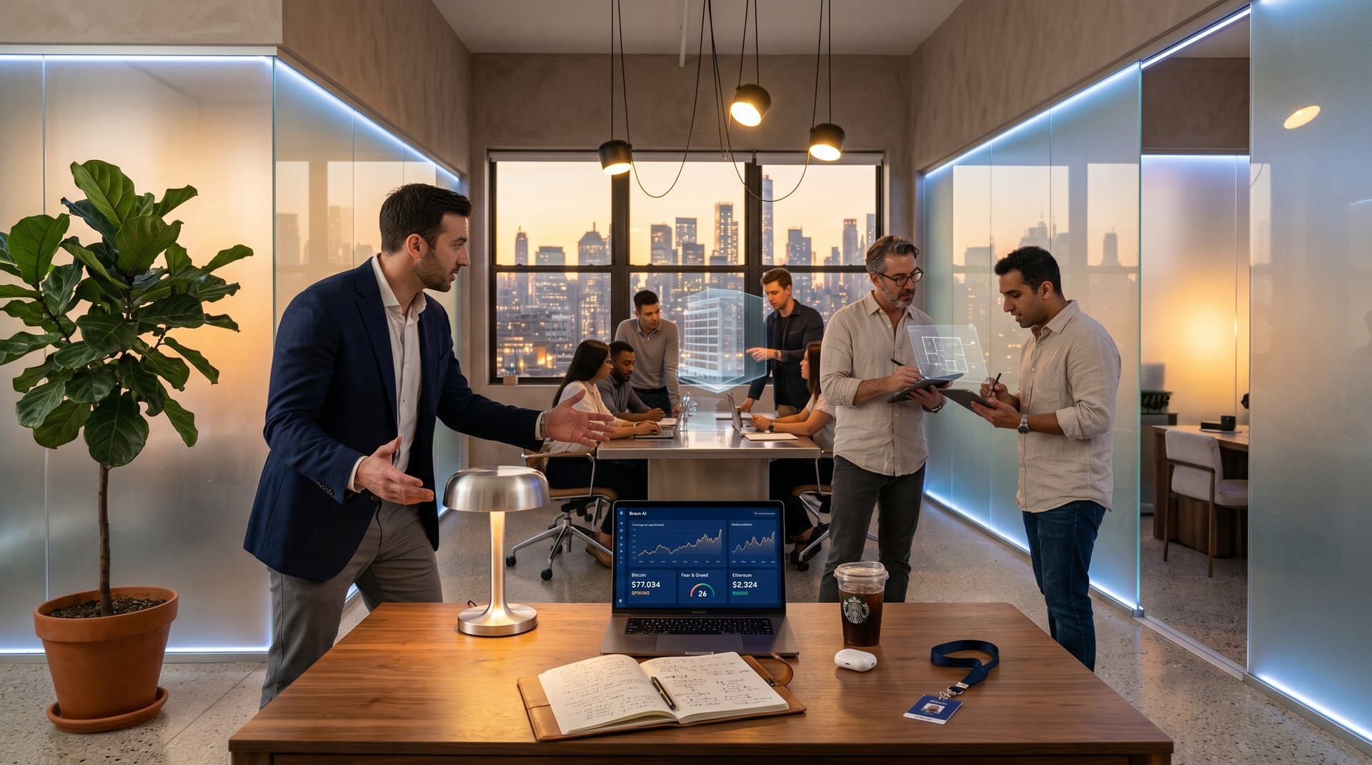 Brooklyn loft office displaying Braun AI Business Portal dashboard with crypto charts at $77K Bitcoin, terrazzo floors, walnut desk, and urban skyline