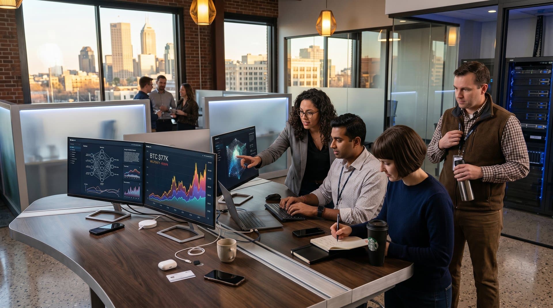 Modern co-working space with walnut tables, AI monitors showing crypto data, and urban design elements under LED lights