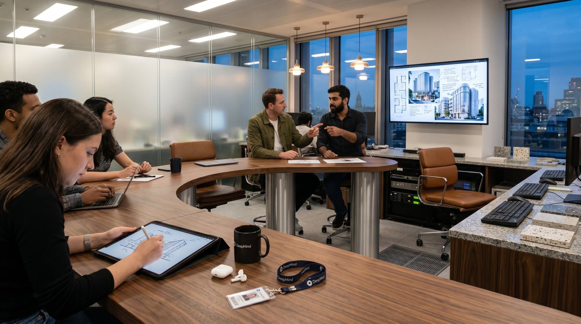 Design students collaborate at Google DeepMind lab tables with AI screens, prototypes, and city views through glass walls