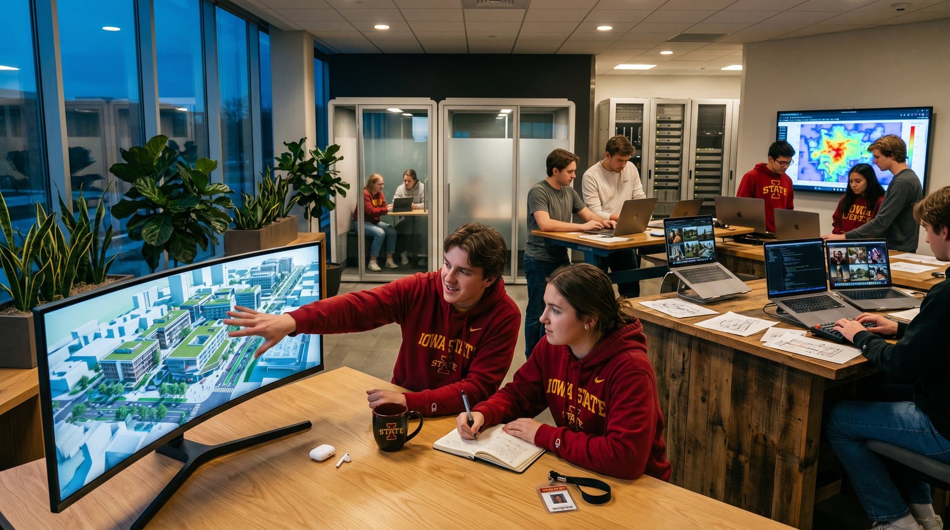 Students collaborate on AI urban designs at monitors in Iowa State lab with oak desks and glowing simulations