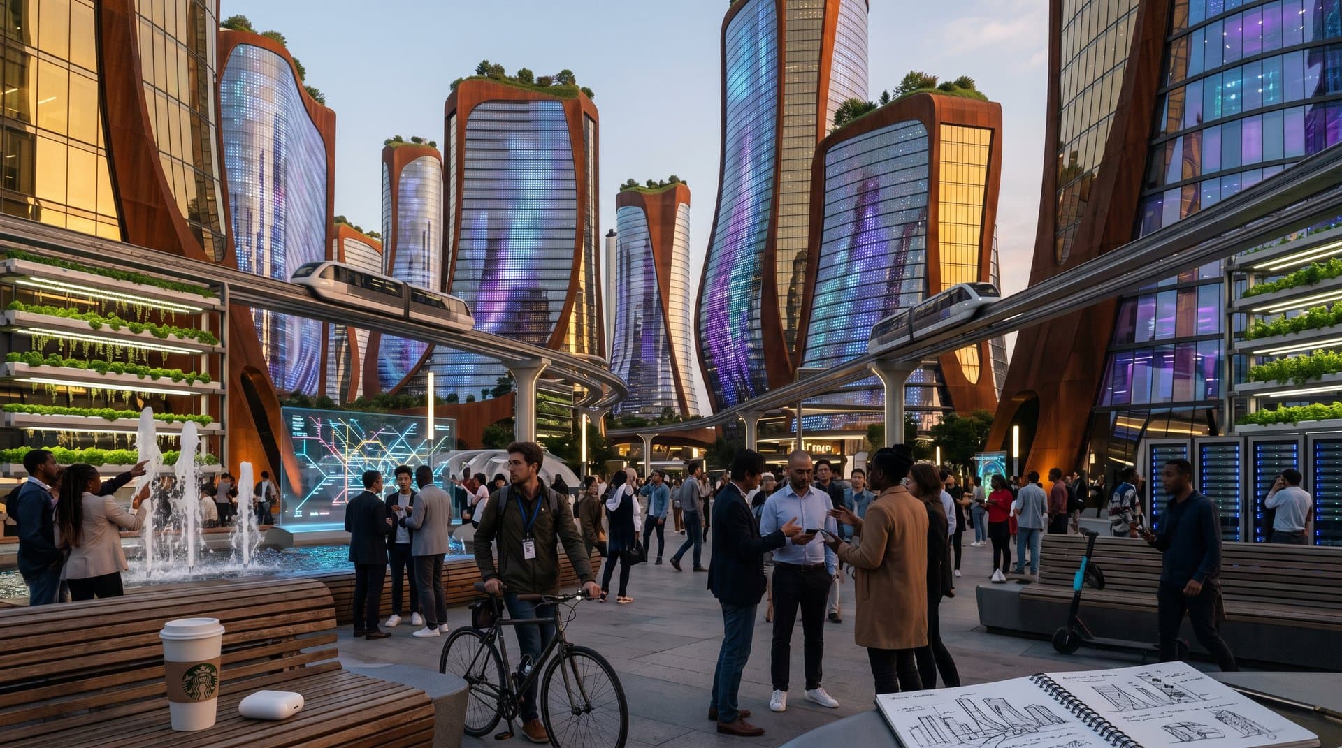 Futuristic AI-generated urban skyline with sustainable towers, green roofs, and dynamic lighting over pedestrian plaza