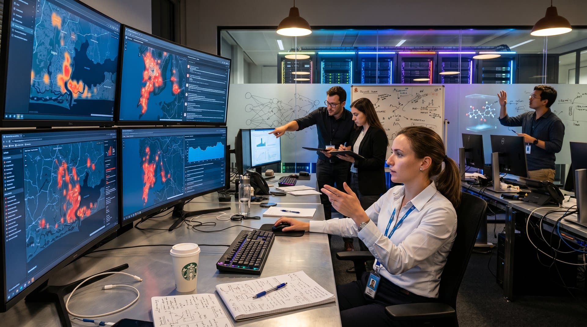WHO command center displays AI heatmaps of urban social buzz for cholera prevention amid modern design elements