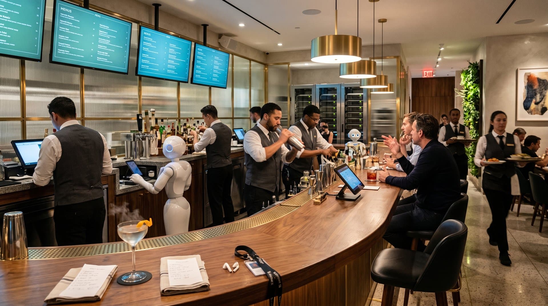 Manhattan restaurant with AI screens on walnut counters, GPU racks behind fluted glass, terrazzo floors and LED lighting in premium urban design