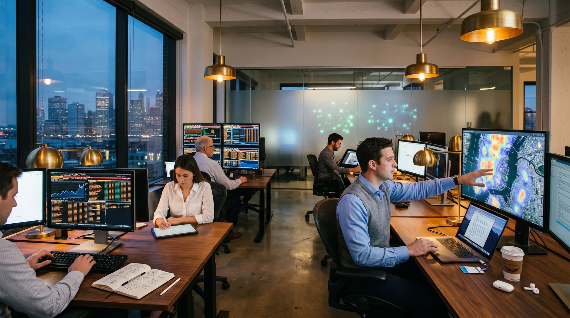 AI-driven urban ad targeting heatmaps in modern Manhattan loft with design elements and city skyline