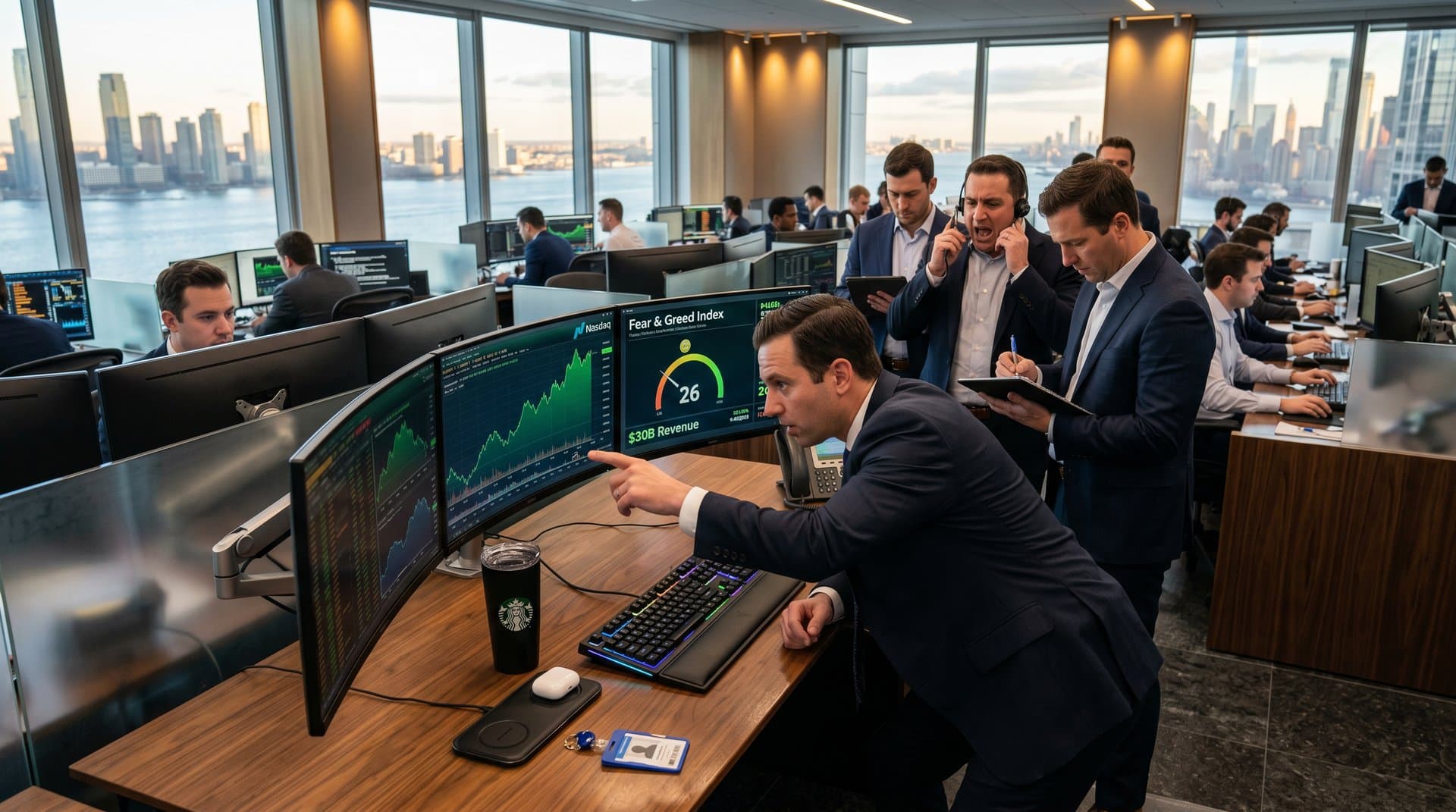 Monitors display Nasdaq futures, Nvidia stock with $30B quarter, and AI charts on modern trading desk with urban skyline view