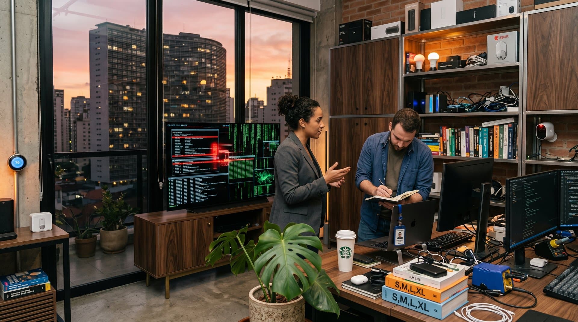 São Paulo loft with walnut BDDW console, OLED screen showing AI vulnerabilities, Nest thermostat, Hue lights, Arlo camera against skyline