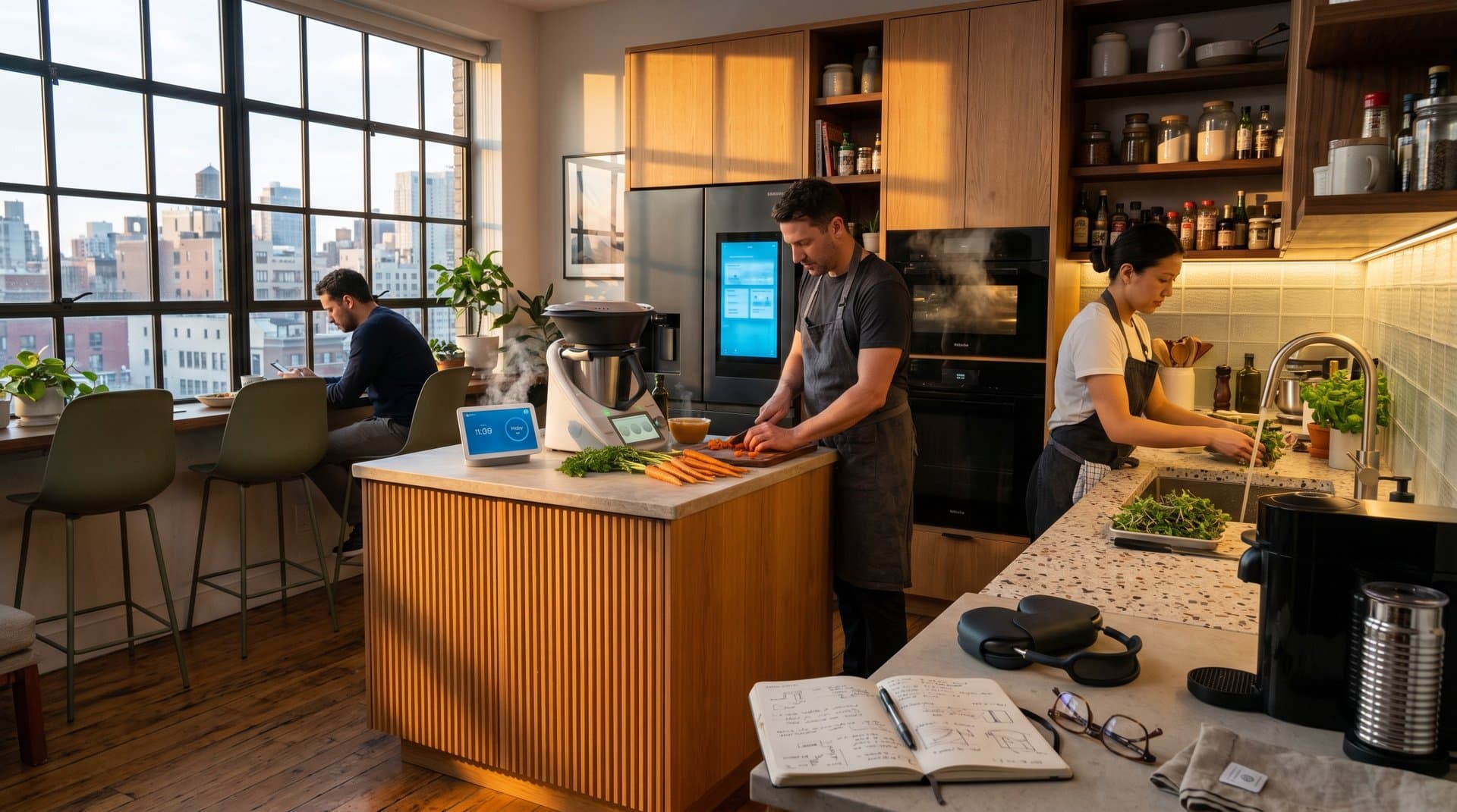 Sleek urban kitchen with AI smart appliances, glowing screens, fluted oak, terrazzo, and modern design elements under warm lighting