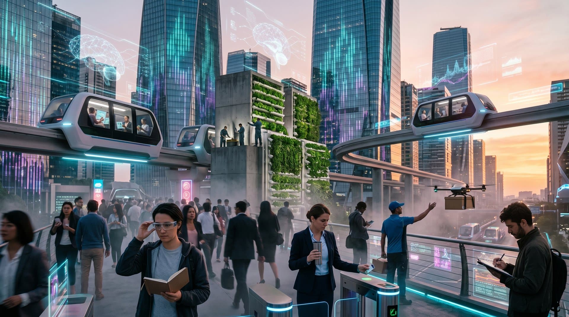 Futuristic San Francisco skyline with AI holograms overlaying smart city infrastructure in cyberpunk style