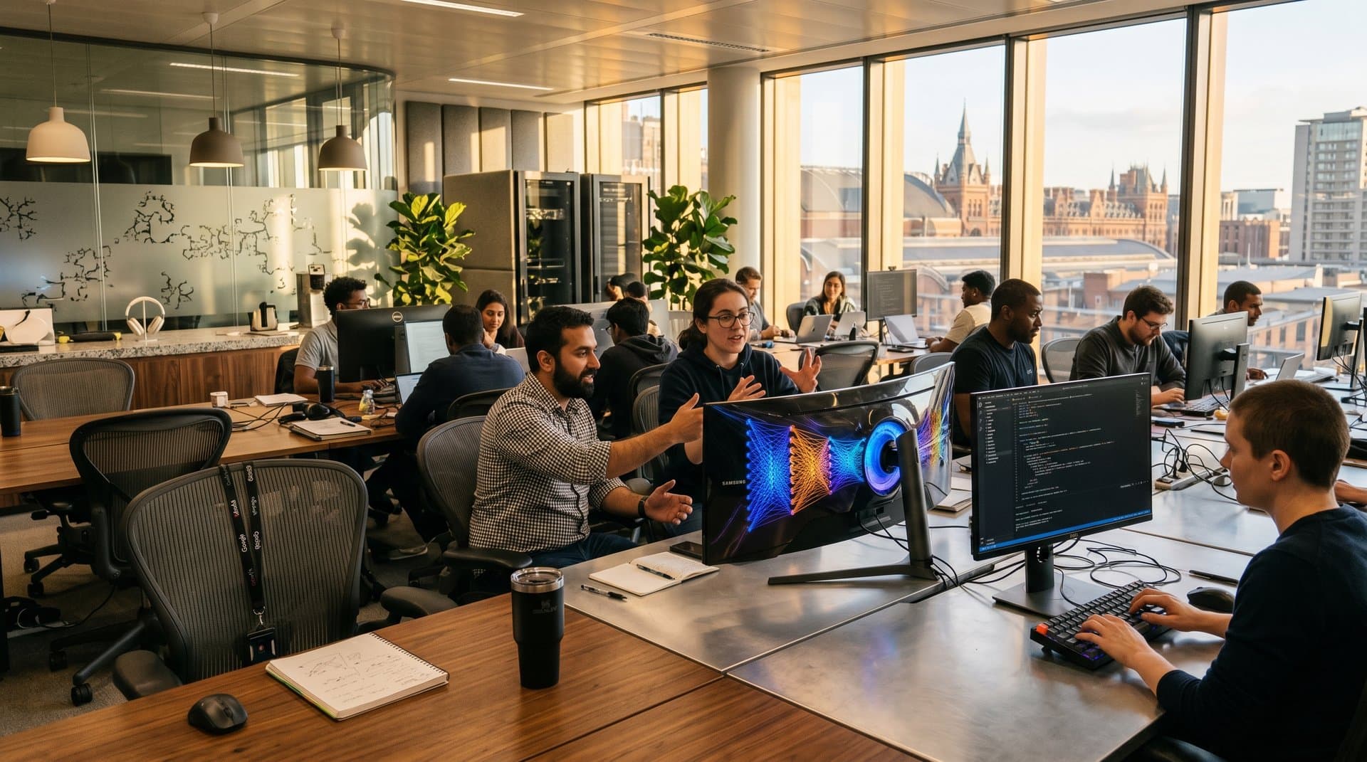 AI lab interior in urban tech hub: multi-monitor neural network displays on walnut desks, glass walls framing city skyline, tech gear like keyboards and chairs in focused workspace