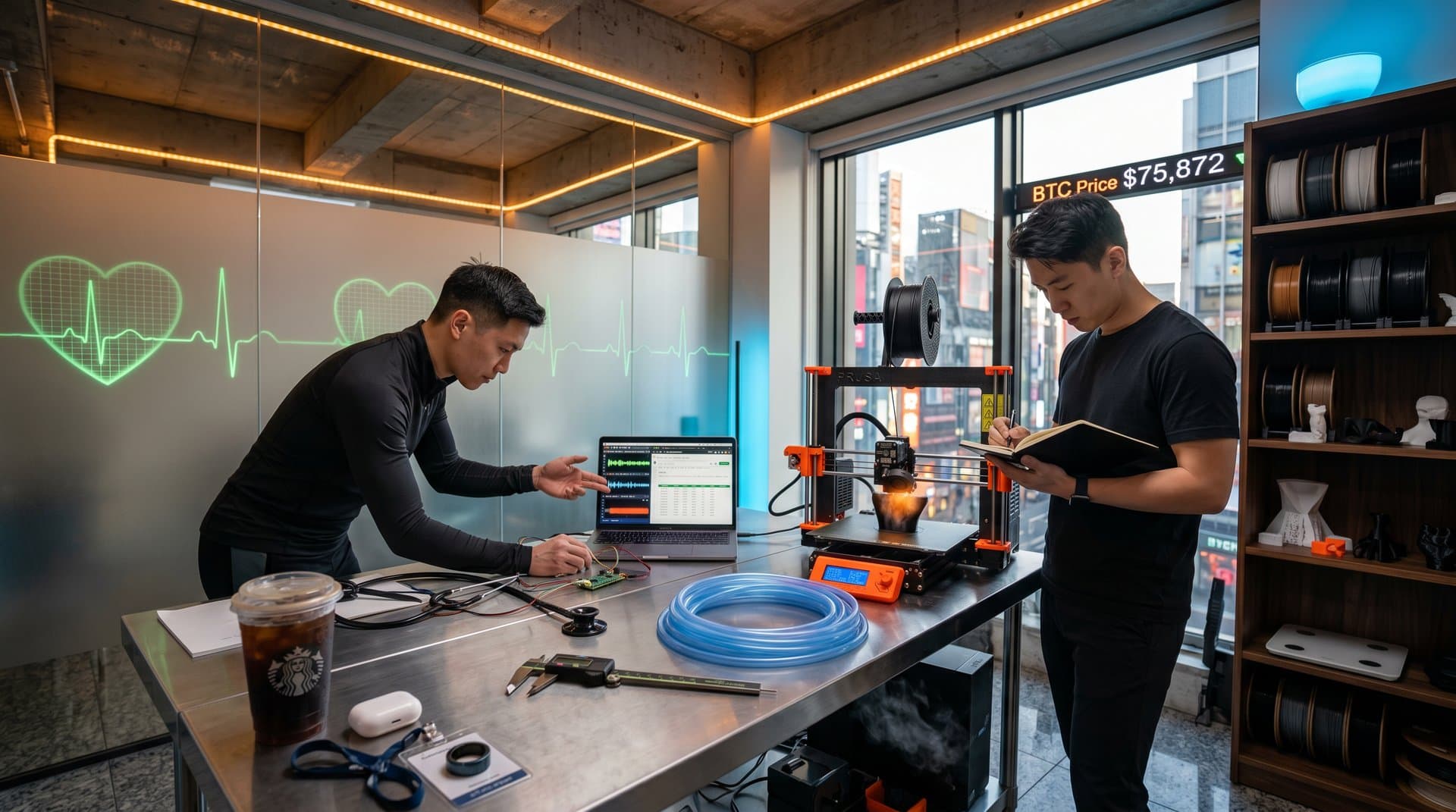 Modern biohacking workshop with 3D-printed open-source stethoscope prototypes, Prusa printer, AI heart sound monitors, and urban design elements