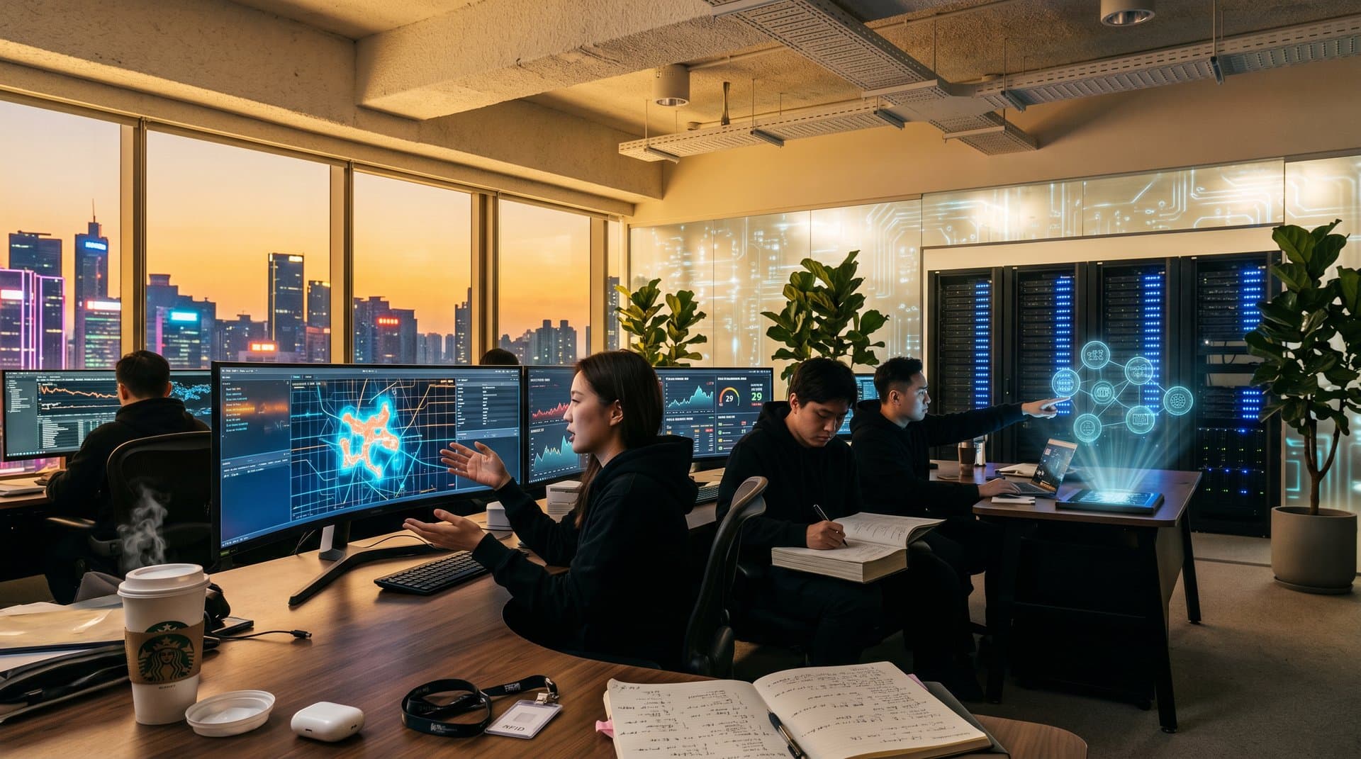 Smart city cybersecurity command center with threat maps on ultrawide monitors amid walnut desks, server racks, and urban grid holograms