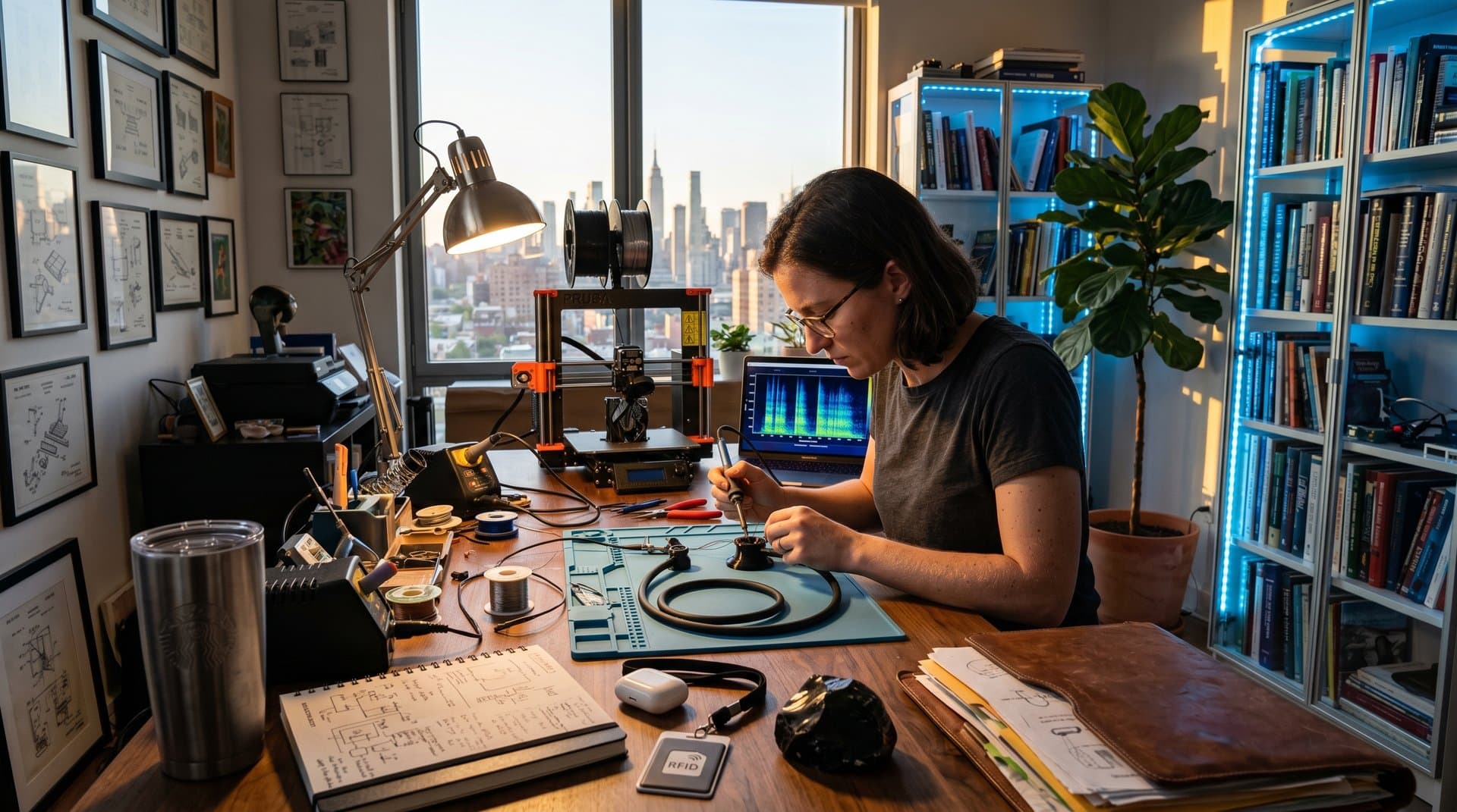 3D-printed open-source stethoscope on walnut desk in urban home office with waveforms, tubing, and city view