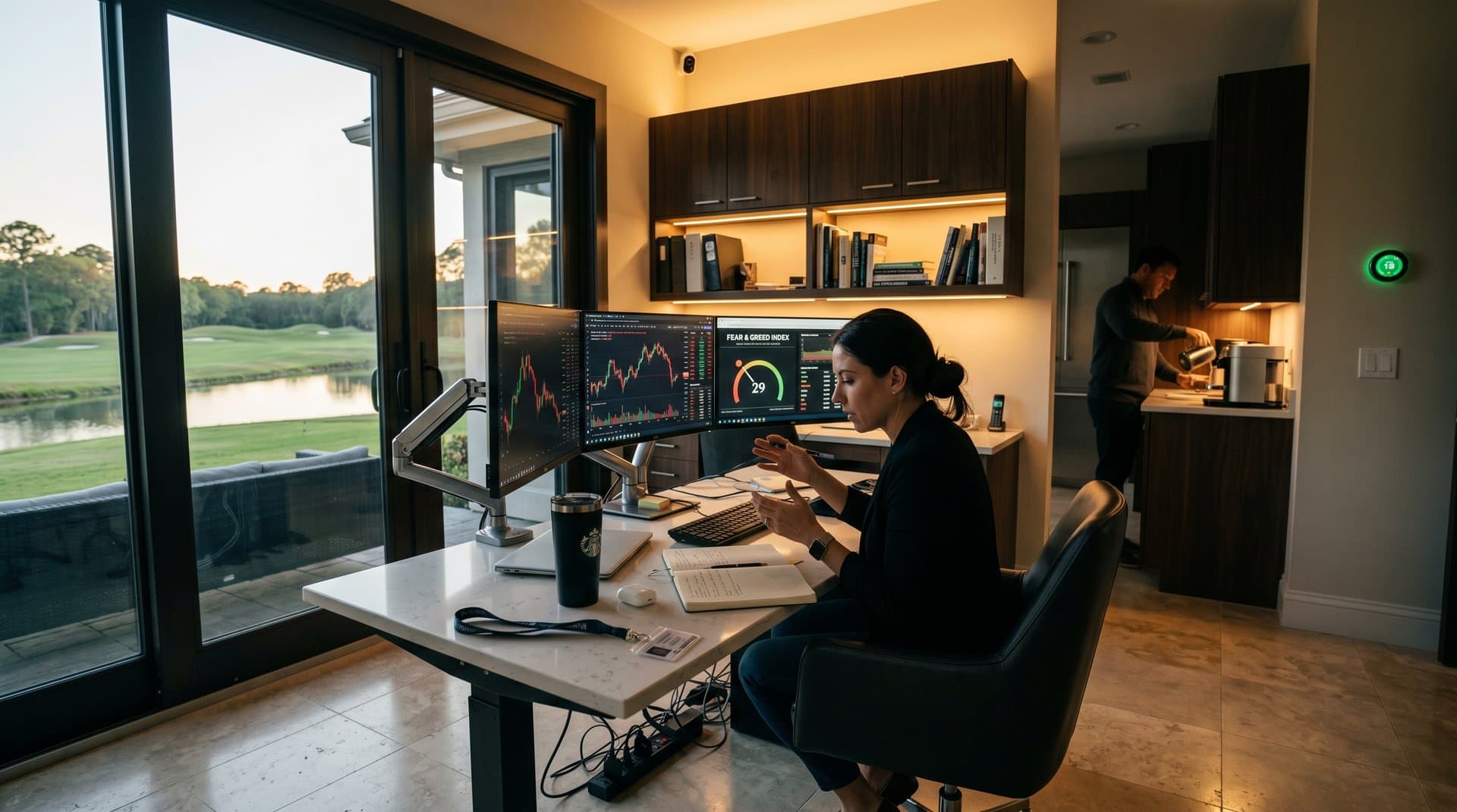 Modern Sun City villa home office with crypto charts on multi-monitors amid luxury design elements and golf views