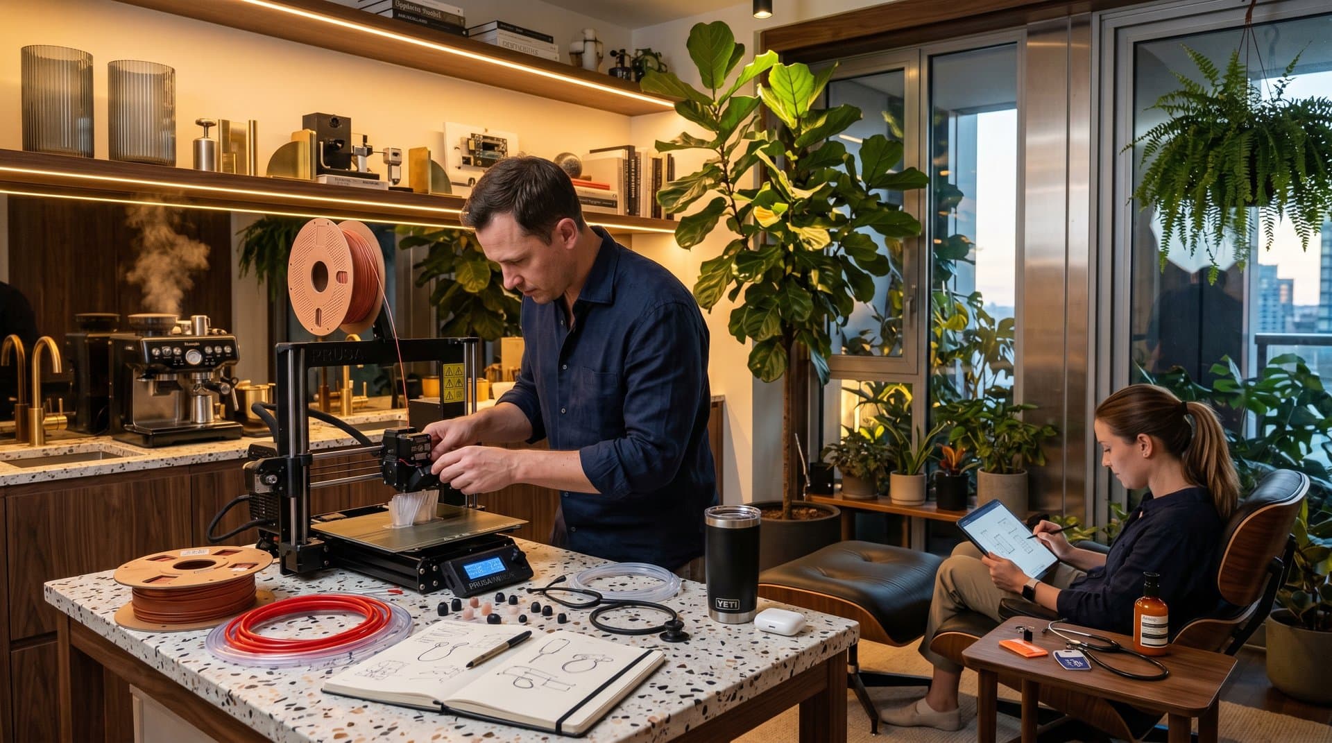 Matte black open-source stethoscope on walnut nightstand in compact urban Scandi apartment with 3D printer, Eames chair, and biophilic elements under LED lights