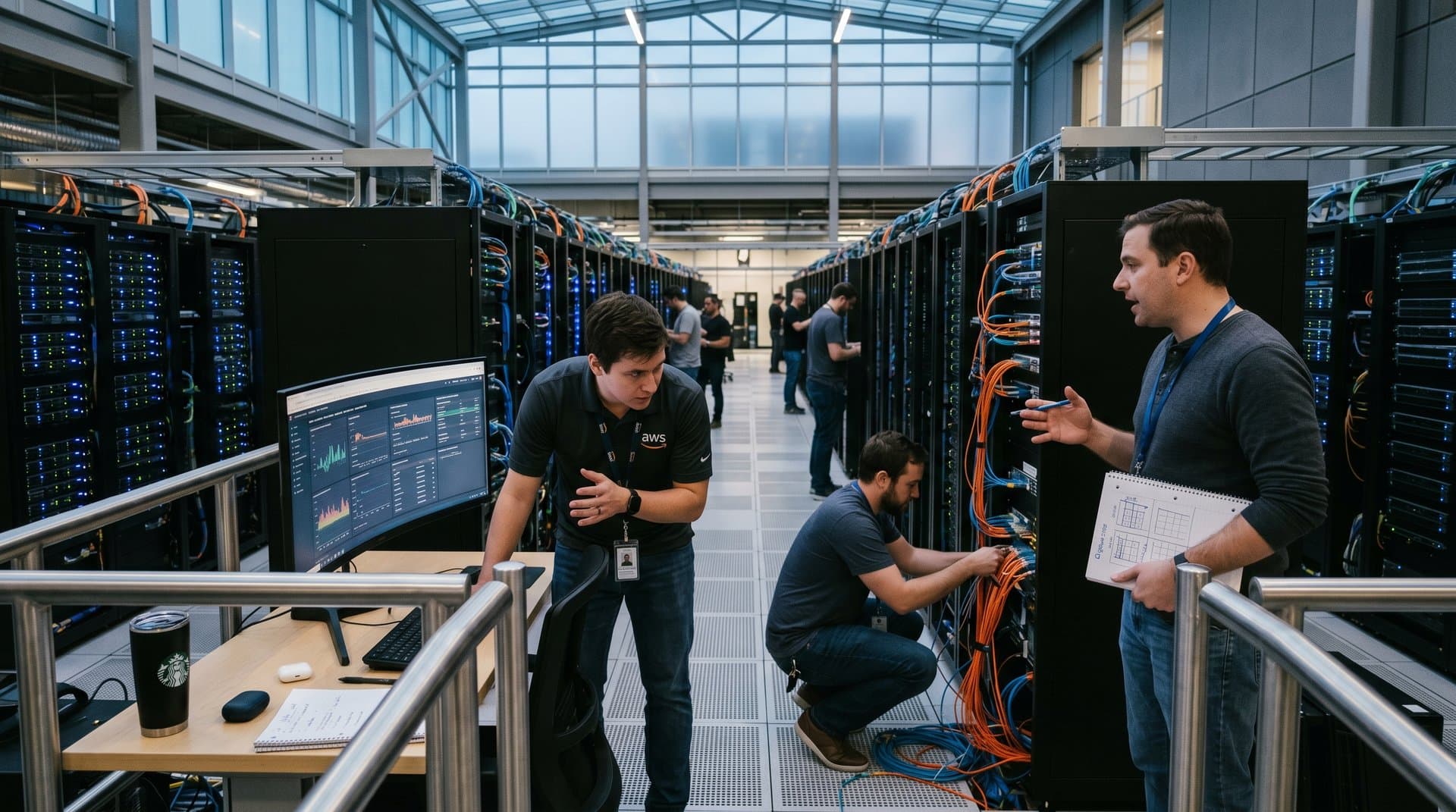AWS data center server racks displaying PwC AI annotation dashboards and BTC price terminals