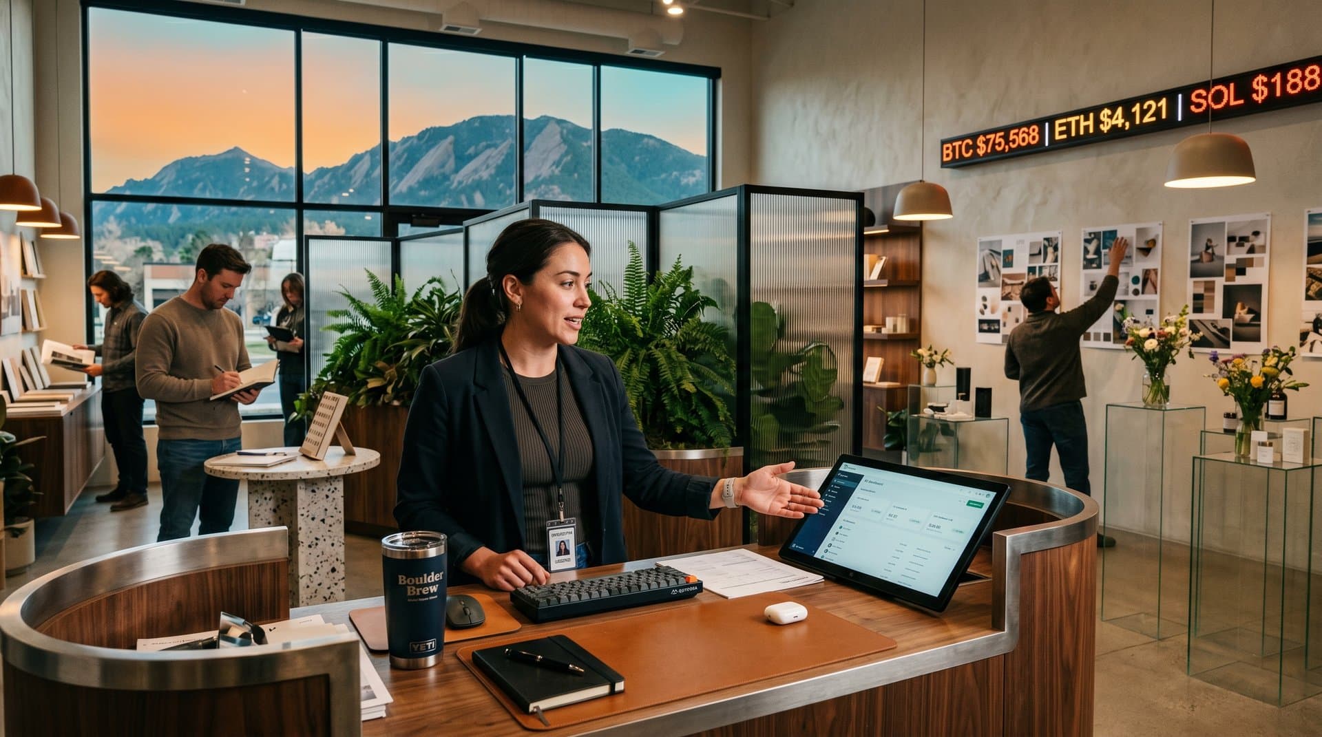 Boulder boutique with AI dashboard on walnut desk, fluted glass, limewash walls, Flatirons view, BTC ticker