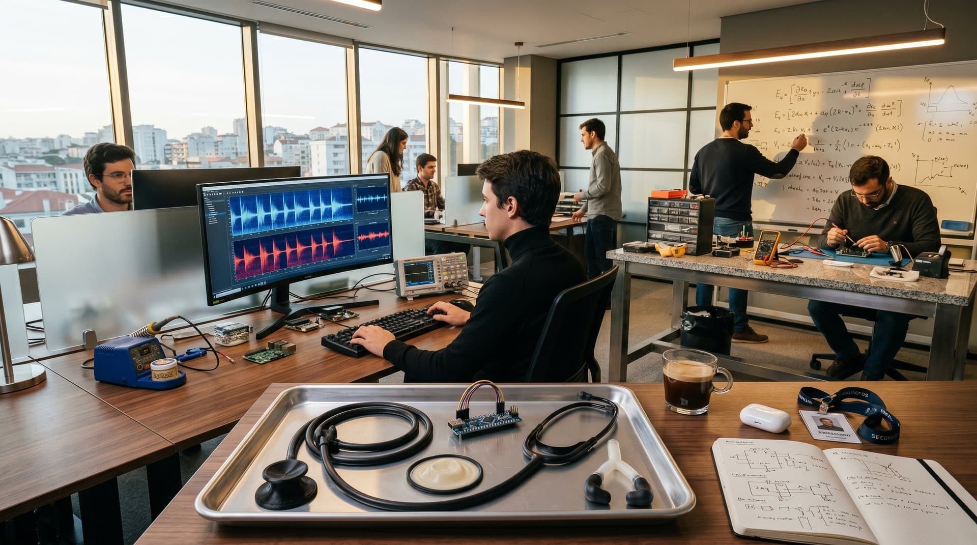 Disassembled open-source stethoscope parts on tray in modern design studio with monitors showing AI waveforms and city view