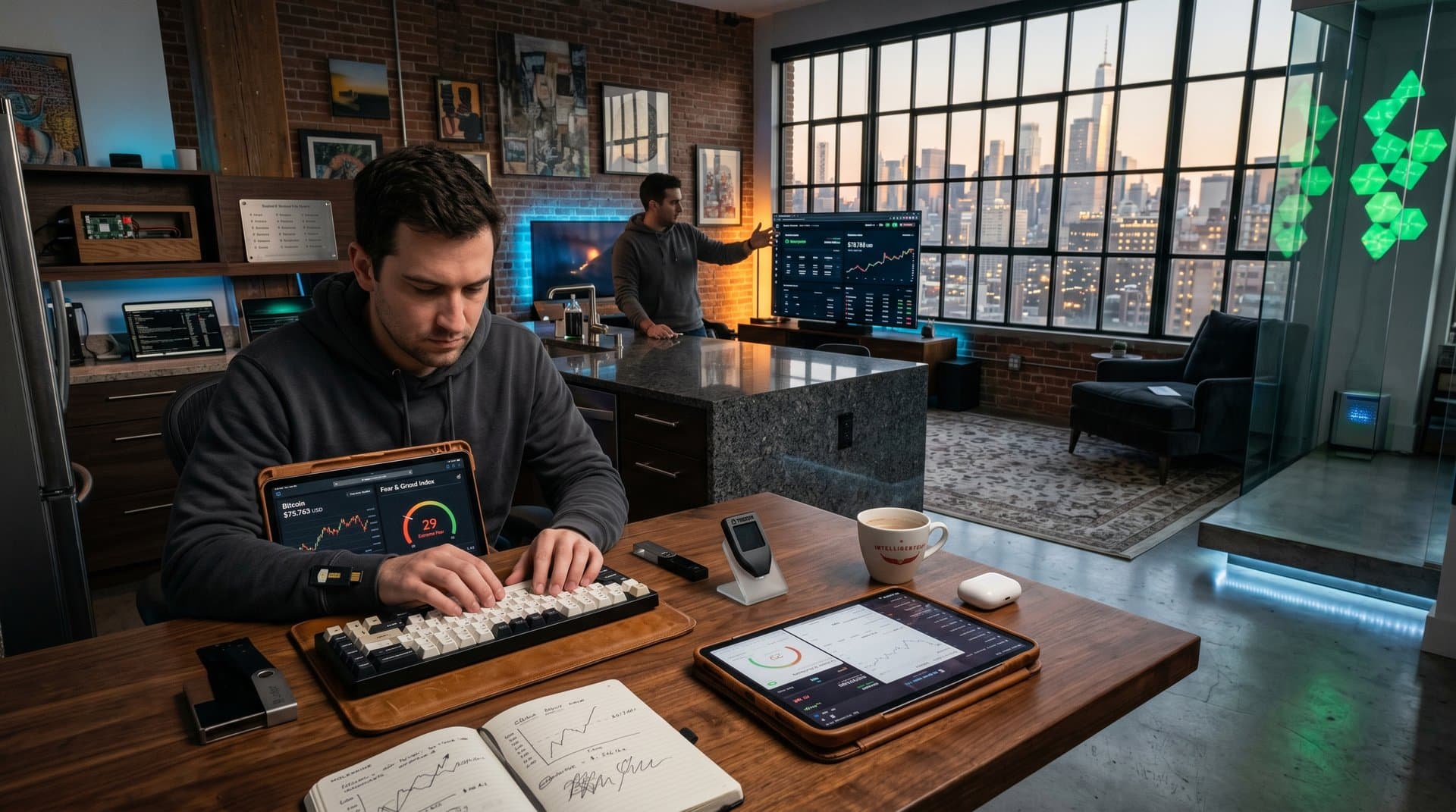 Urban home office with privacy wallets on walnut desk, BTC charts on screens, DeFi dashboards amid modern design elements