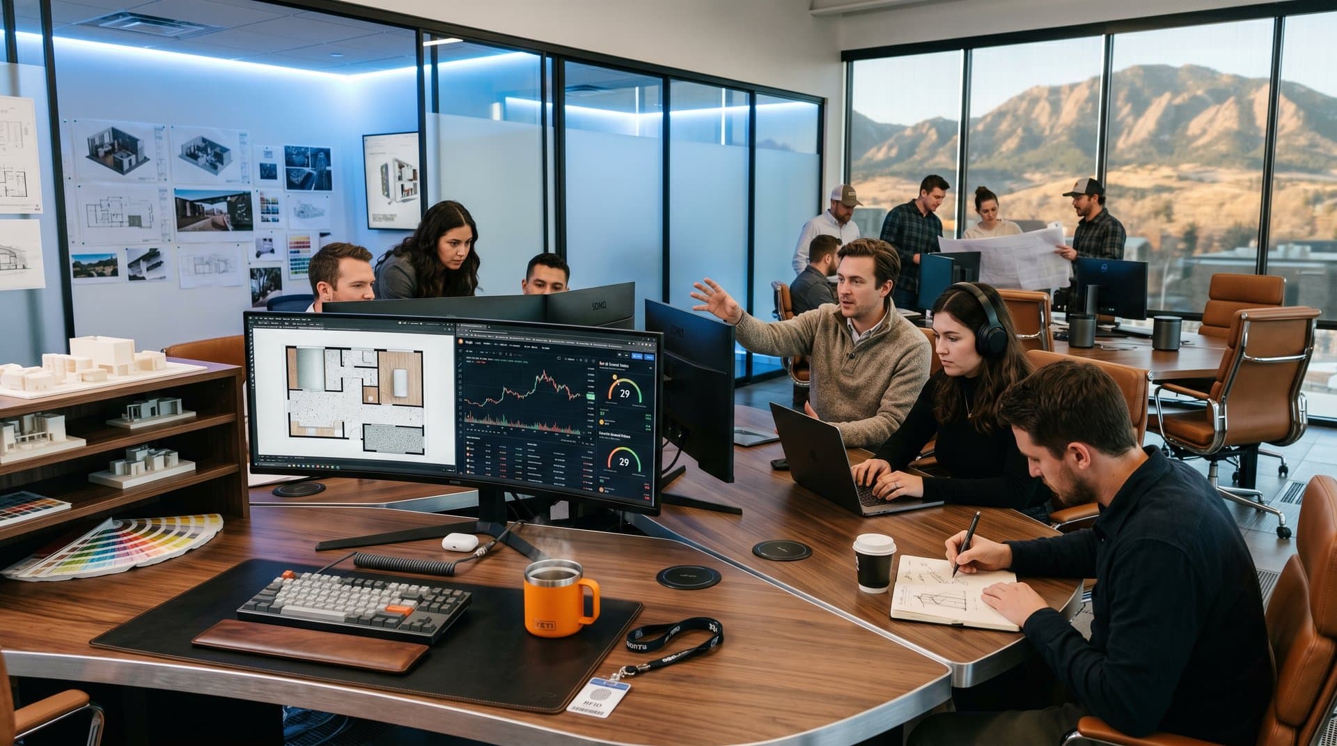 Boulder design studio with AI floor plans and BTC charts on walnut table, frosted partitions and smart glass