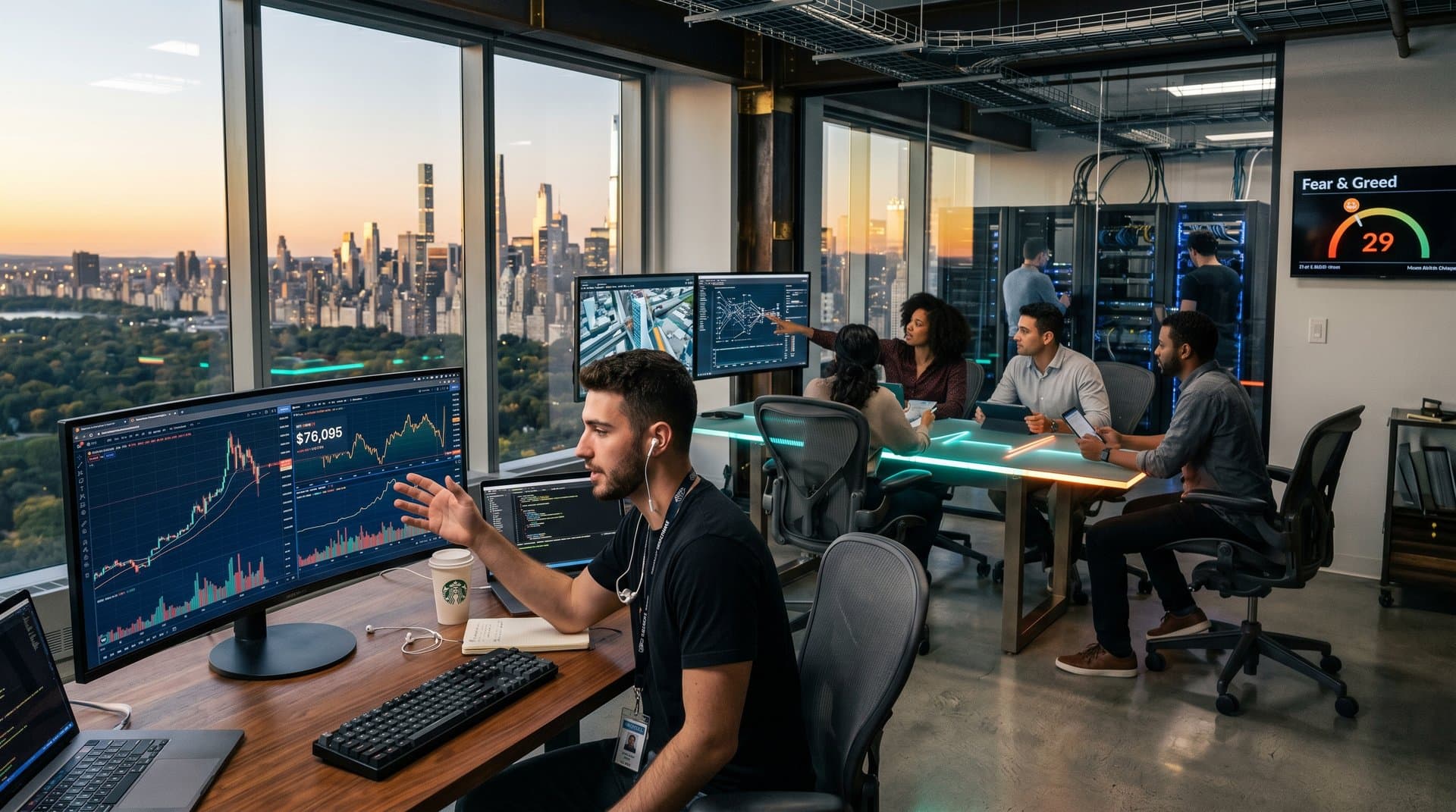 Fintech office in Manhattan high-rise with AI dashboards tracking BTC at $76,095 and urban simulations against NYC skyline