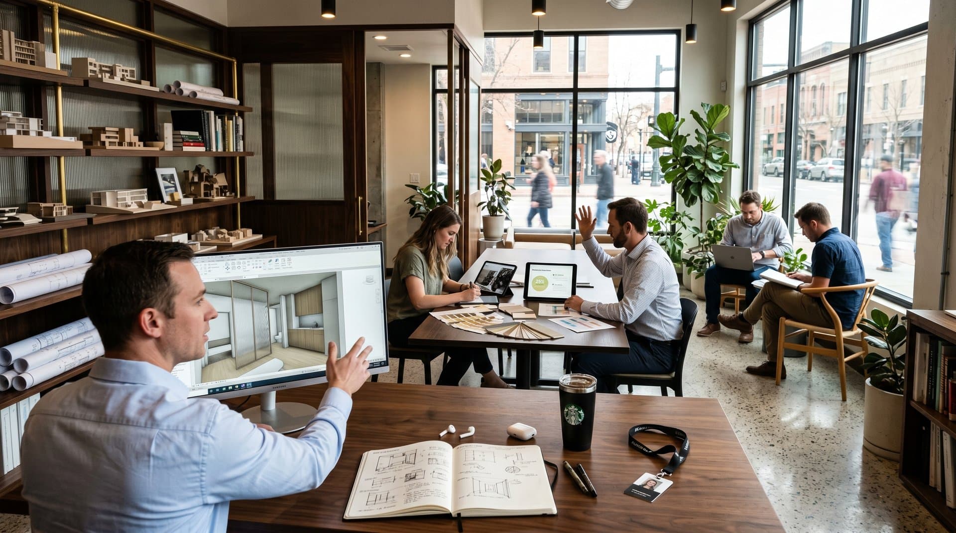 Boulder design studio with AI renders on monitors, Pantone swatches, efficiency dashboards, urban Pearl Street views in modern tech-finance space