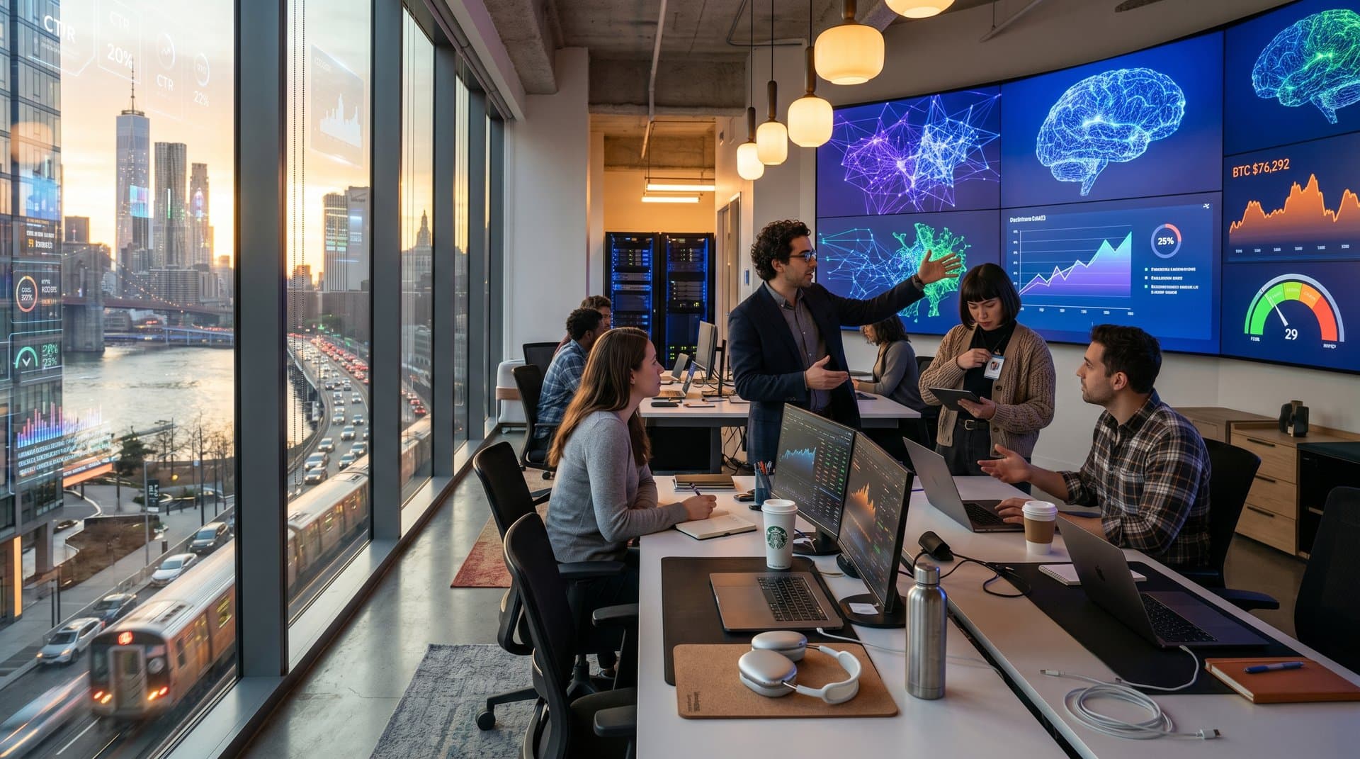 Abstract AI neural networks optimizing urban ad campaigns over cityscape with data graphs and targeting visuals