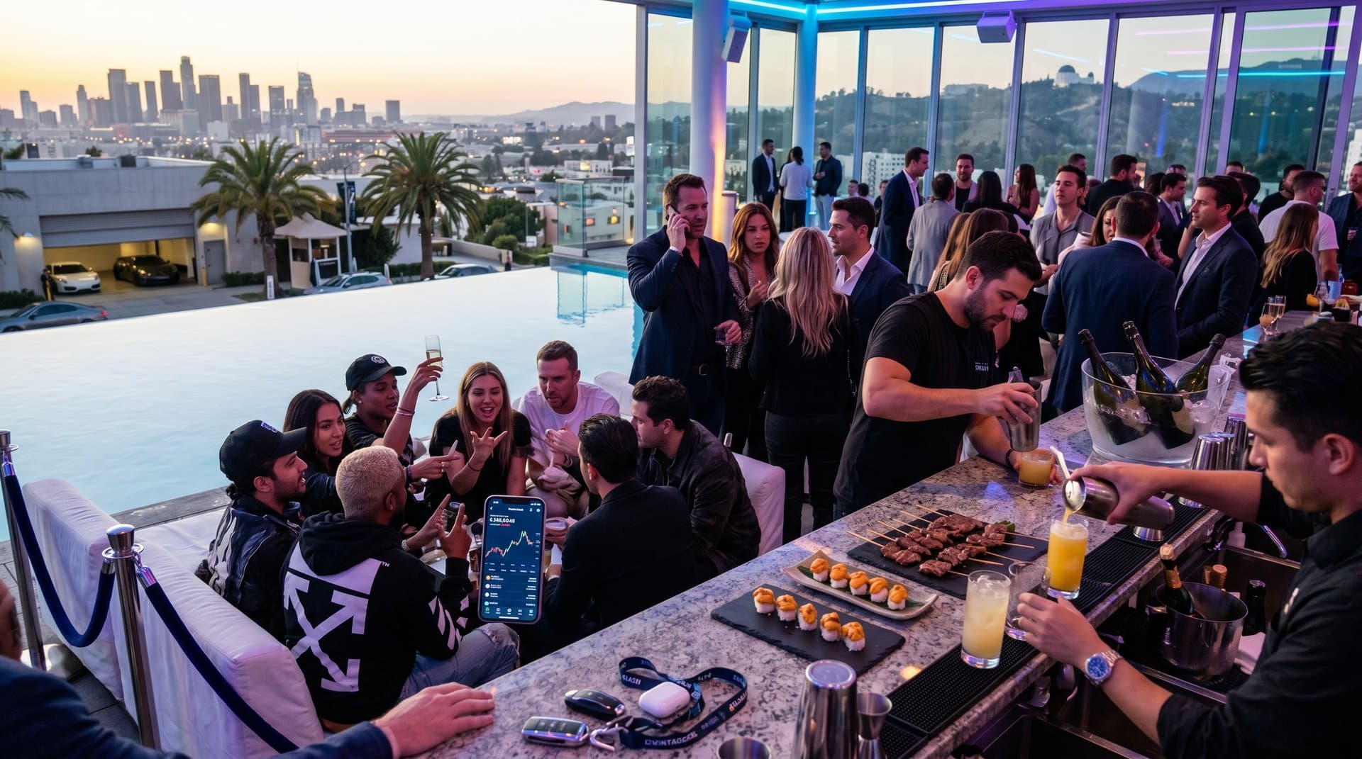 Downtown LA rooftop rave infinity pool at dusk with supercars, crypto apps, luxury food trays, skyline view, and neon lights