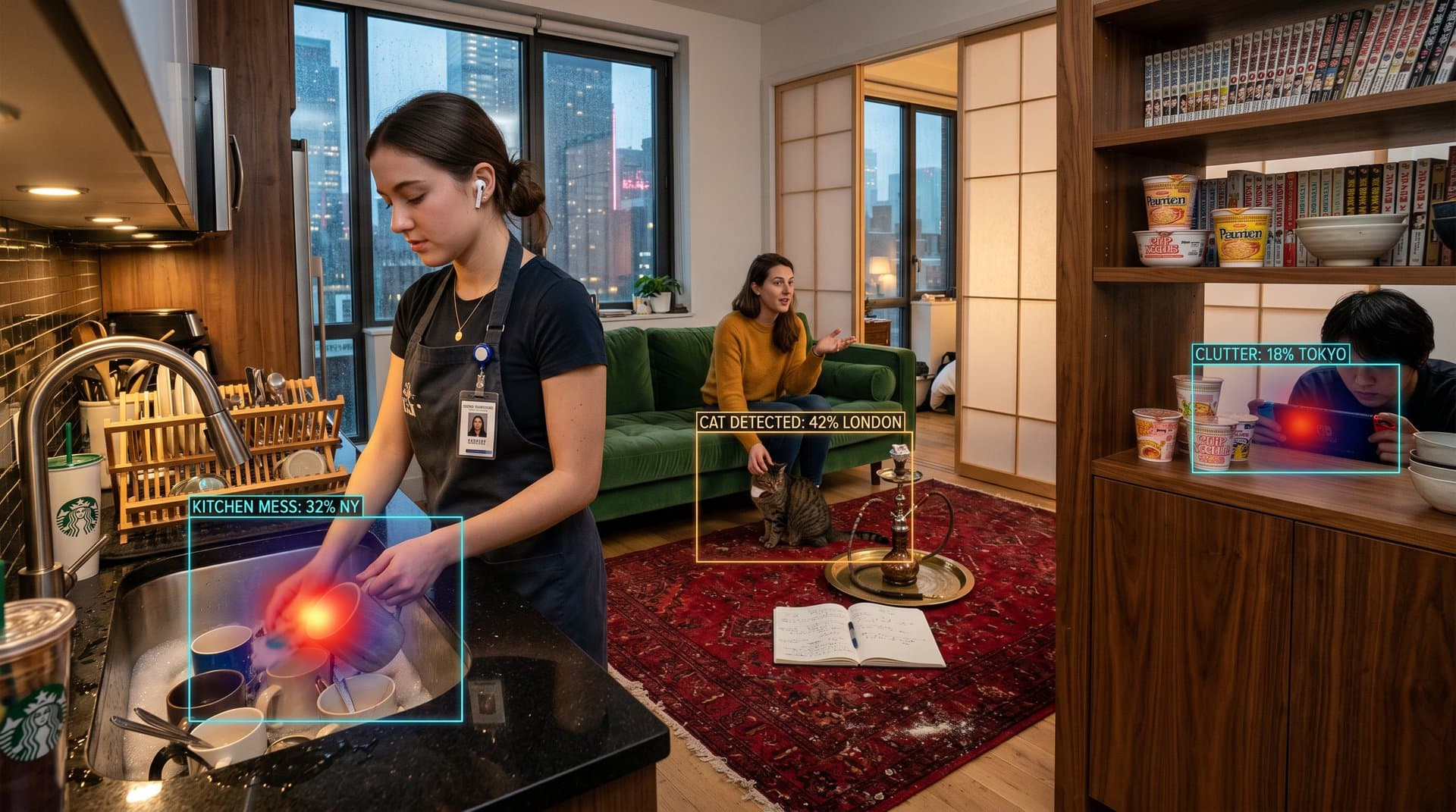 AI heatmap overlays on scraped Airbnb photos reveal urban kitchen mess, pets, and quirks in modern city apartments
