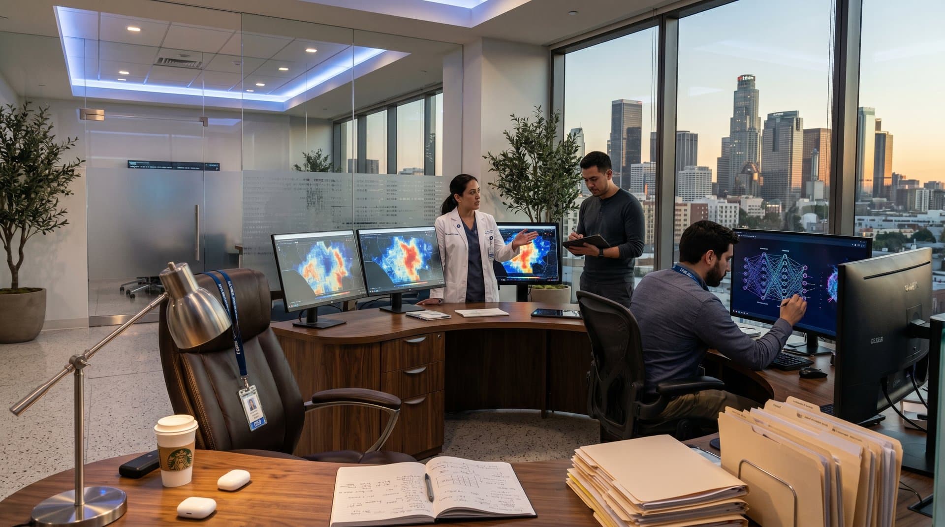 Hospital control room displays AI homelessness prevention heatmaps with LA skyline view, walnut desks, and modern design elements