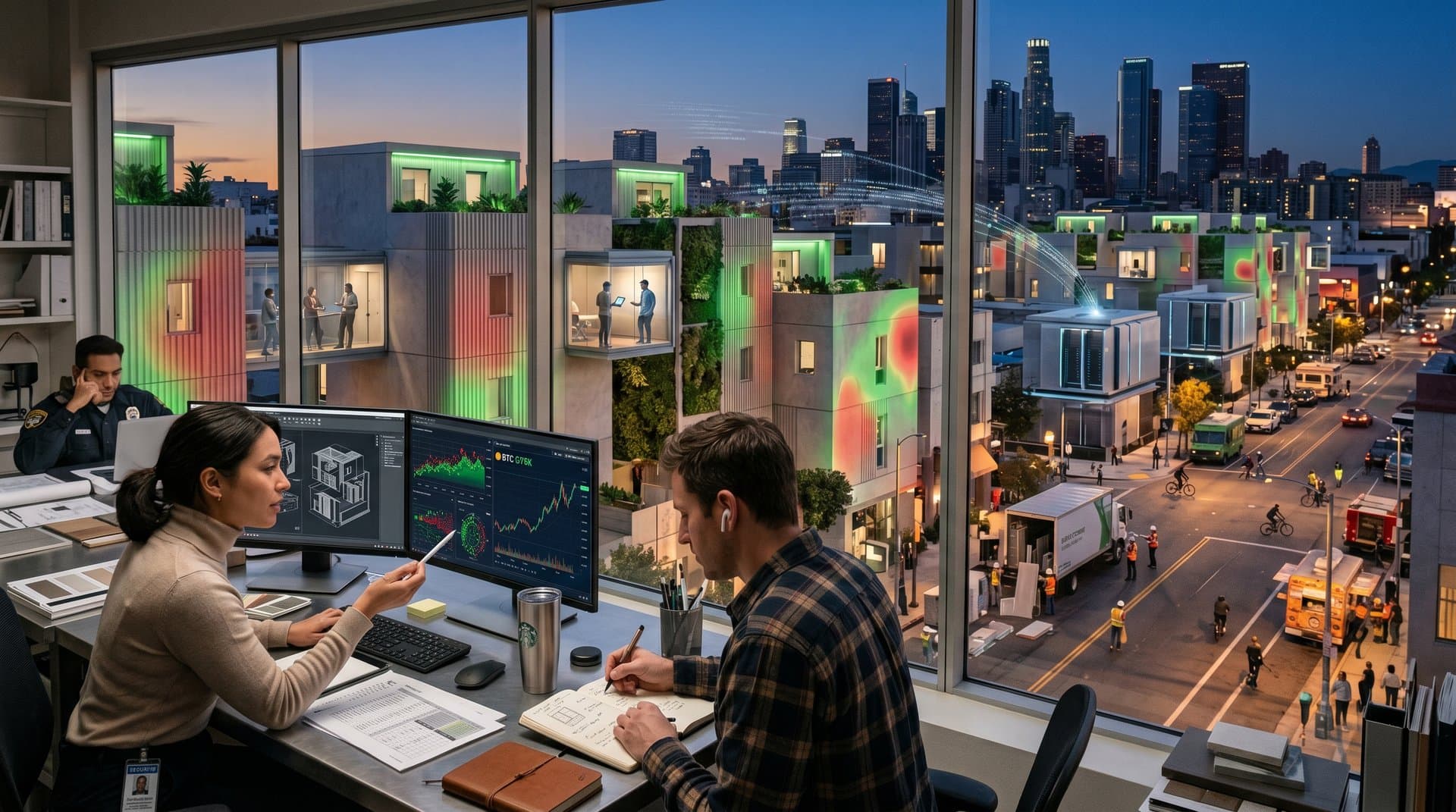 Los Angeles skyline with AI homelessness risk heat maps overlaying modular housing designs and crypto charts
