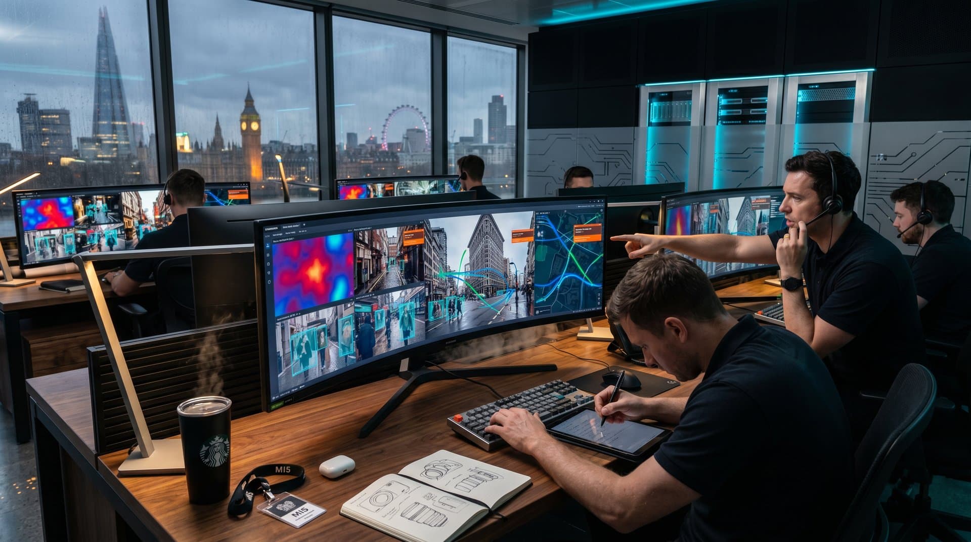 Urban surveillance command center with AI heatmaps on monitors and rainy city skyline