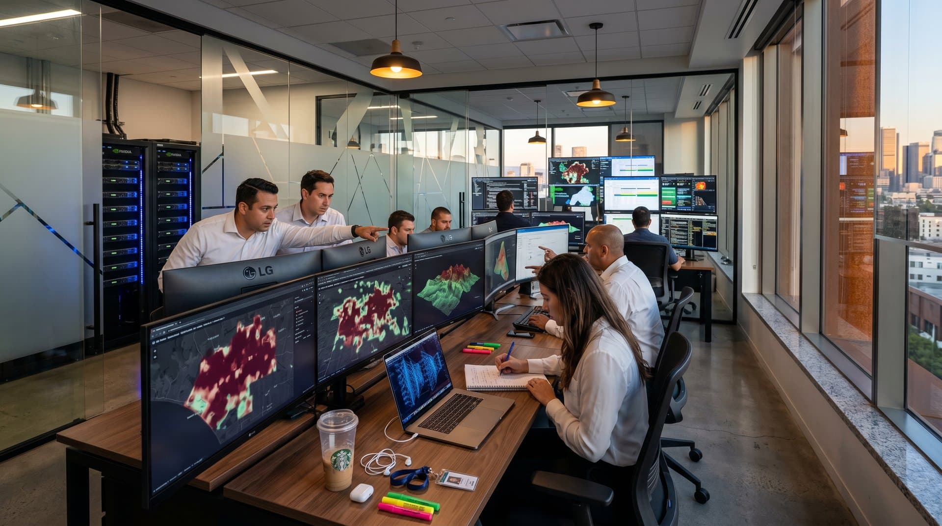 AI heatmaps of Los Angeles homelessness risks on LG OLED monitors in modern LAHSA command center with NVIDIA server racks and city skyline view