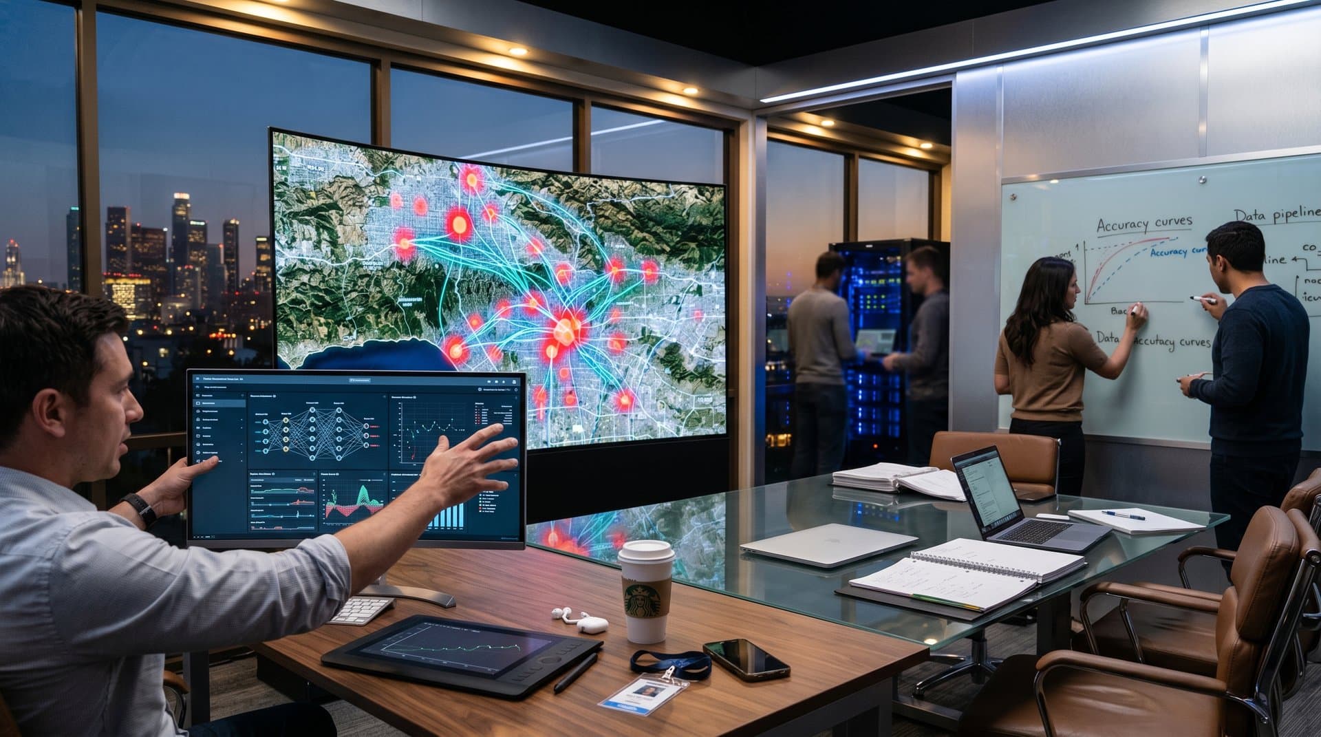 AI heatmap of LA County homelessness risks on monitor in modern tech lab with urban skyline view.