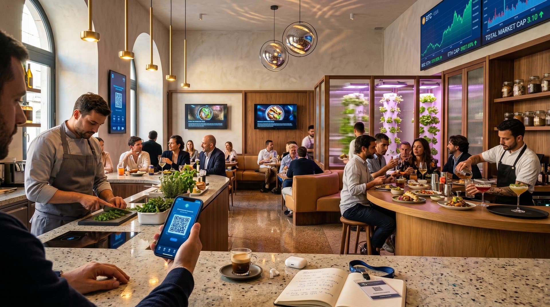 Urban food hall with terrazzo floors, oak bars, QR scanners, crypto price screens showing BTC $77k amid NFT art
