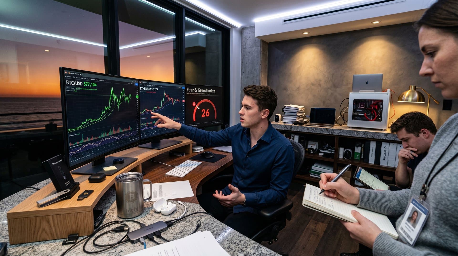 San Diego home office desk with crypto charts on monitors, Fear & Greed at 26, hardware wallets, ocean view through windows