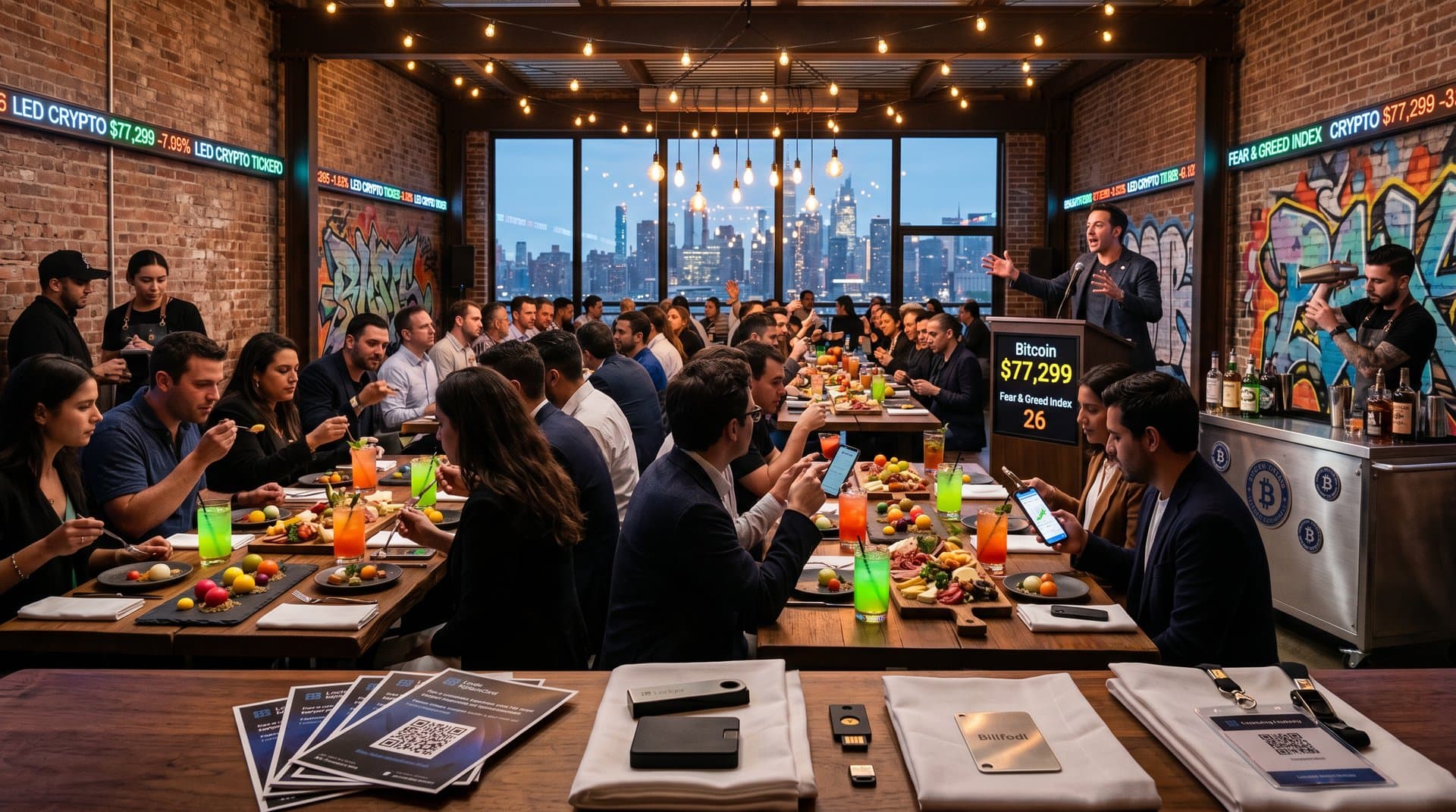 Urban pop-up warehouse dinner with crypto scam QR codes, Ledger wallets, Bitcoin charts at $77,299 amid tasting menus and city skyline