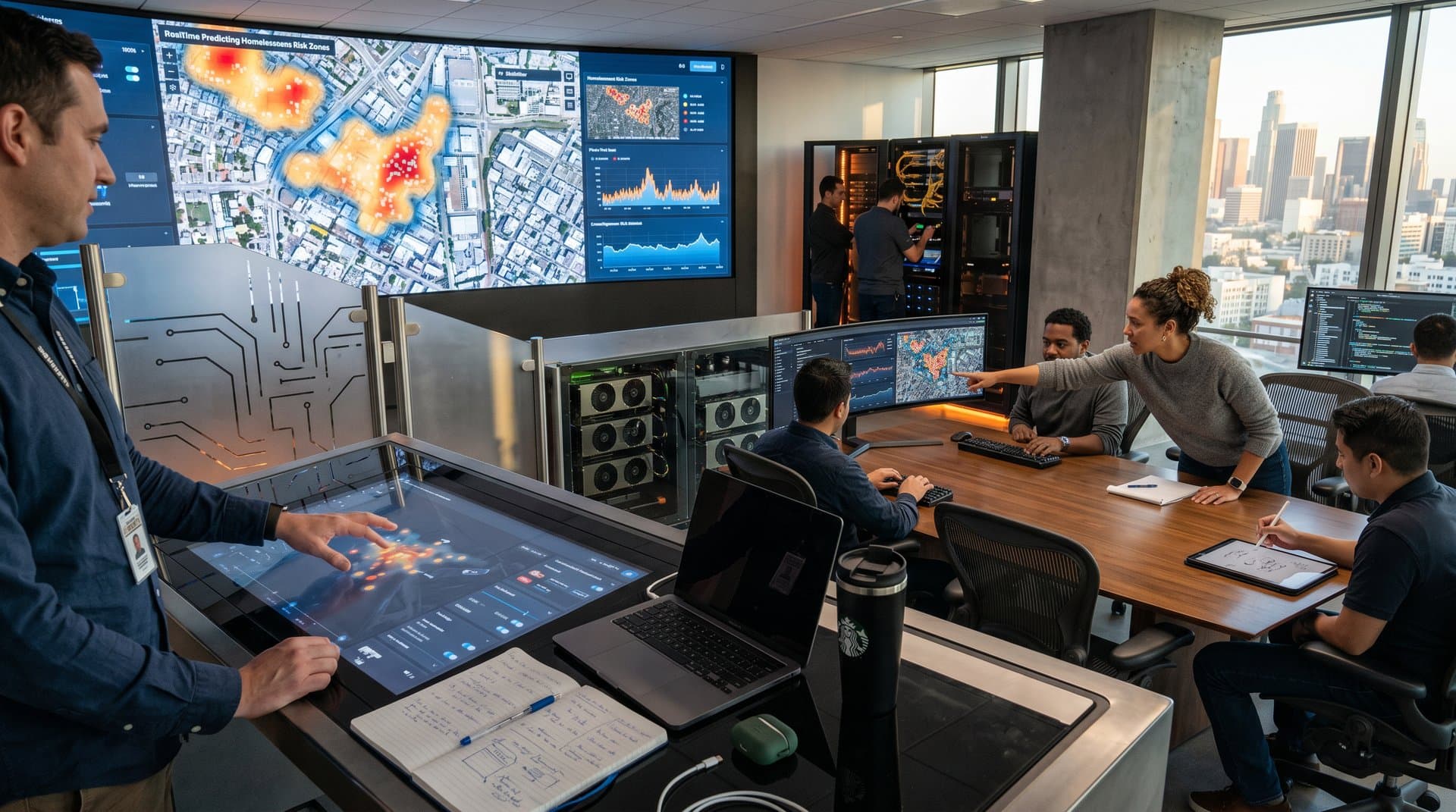 Data scientists in high-tech LA command center analyze AI homelessness prediction heatmaps on curved video wall with crypto charts and city skyline