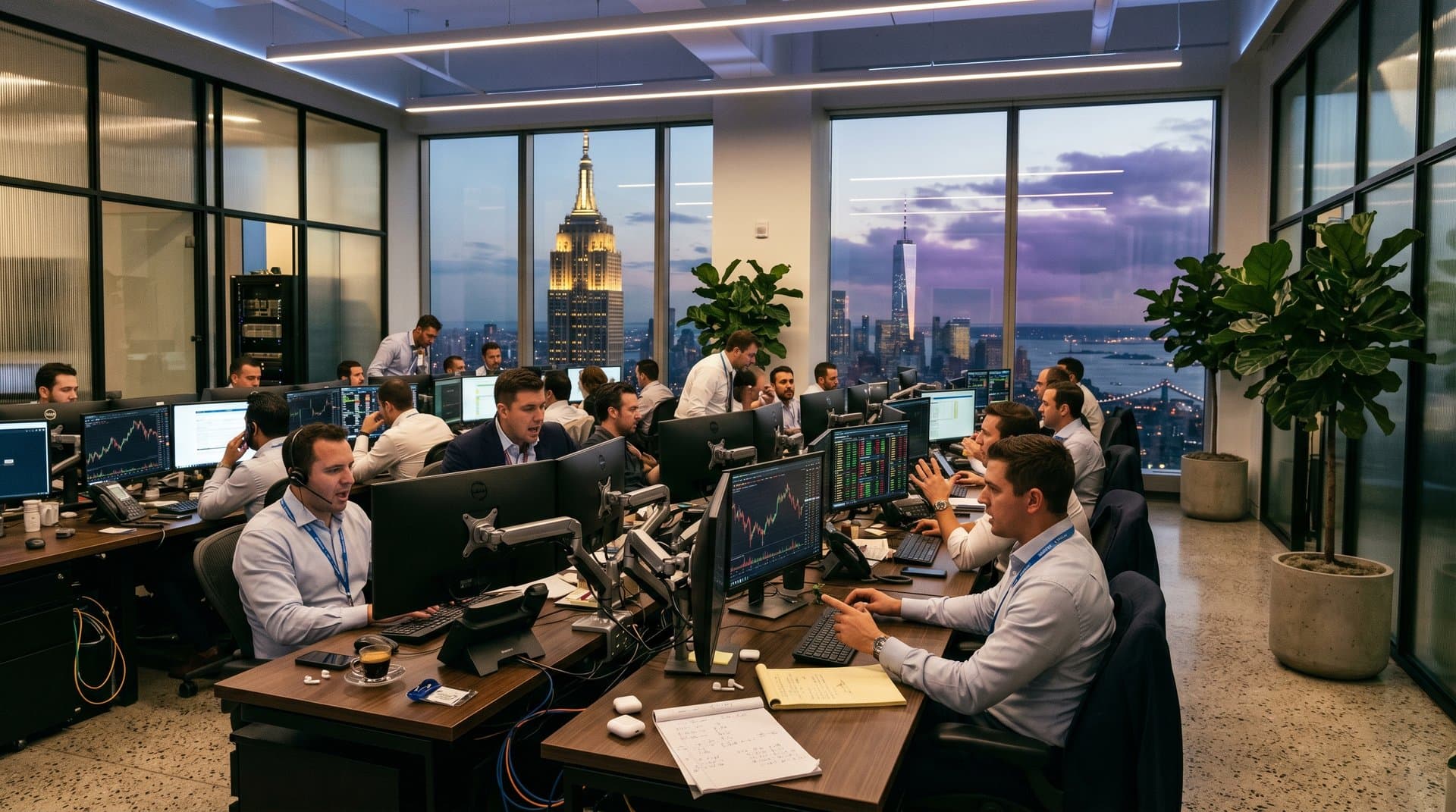 Traders at Bloomberg terminals analyze crypto charts with Fear & Greed at 26 amid multi-monitor setups and city skyline