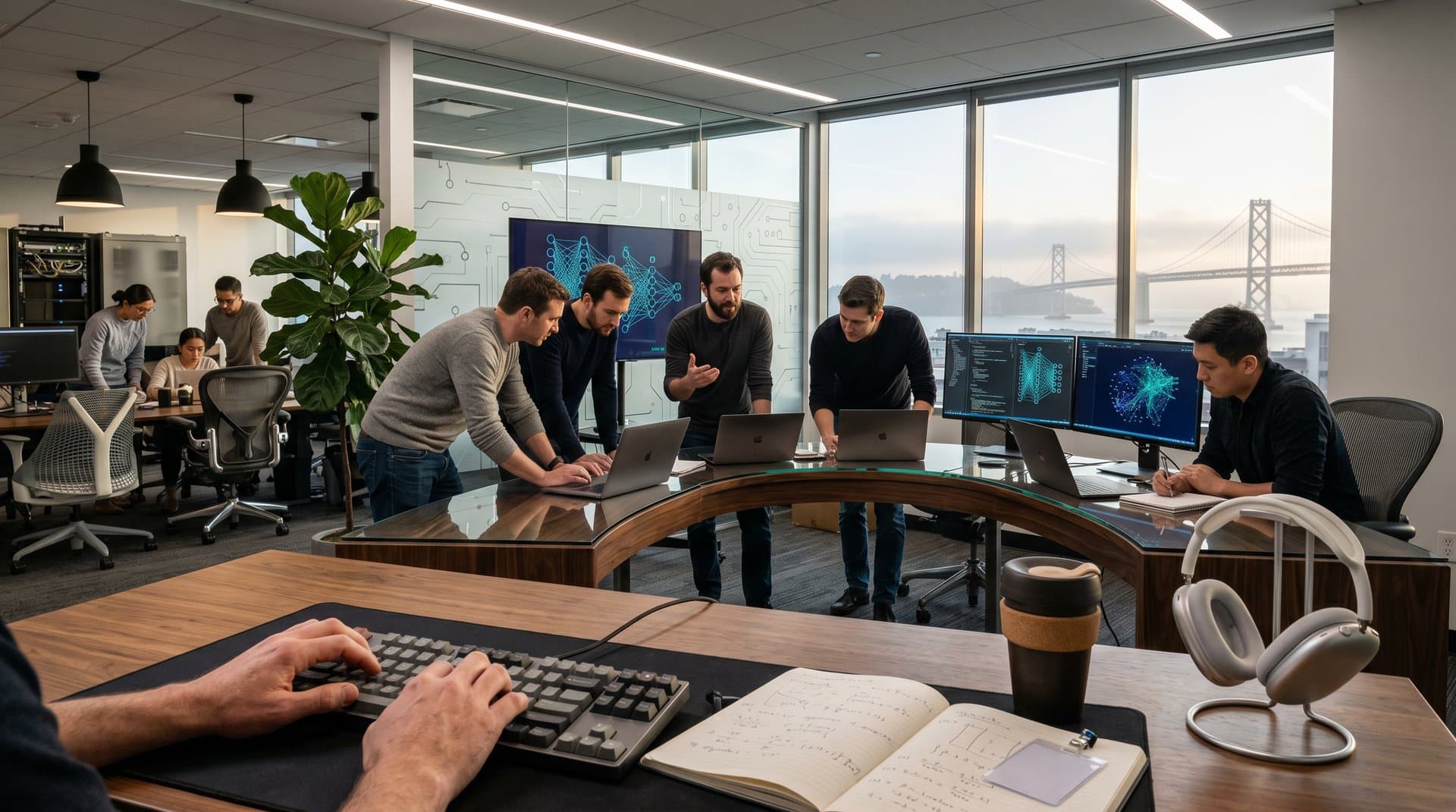 AI engineers at walnut-veneer tables with monitors showing neural networks in San Francisco tech office, coffee and keyboards foreground