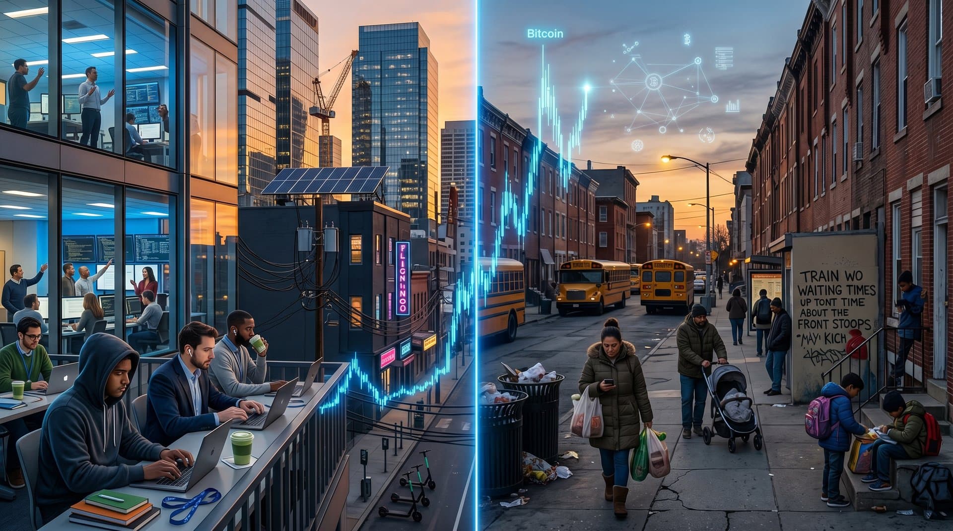 Split urban scene contrasting vibrant AI tech hub with struggling middle-class neighborhood under Bitcoin chart overlay
