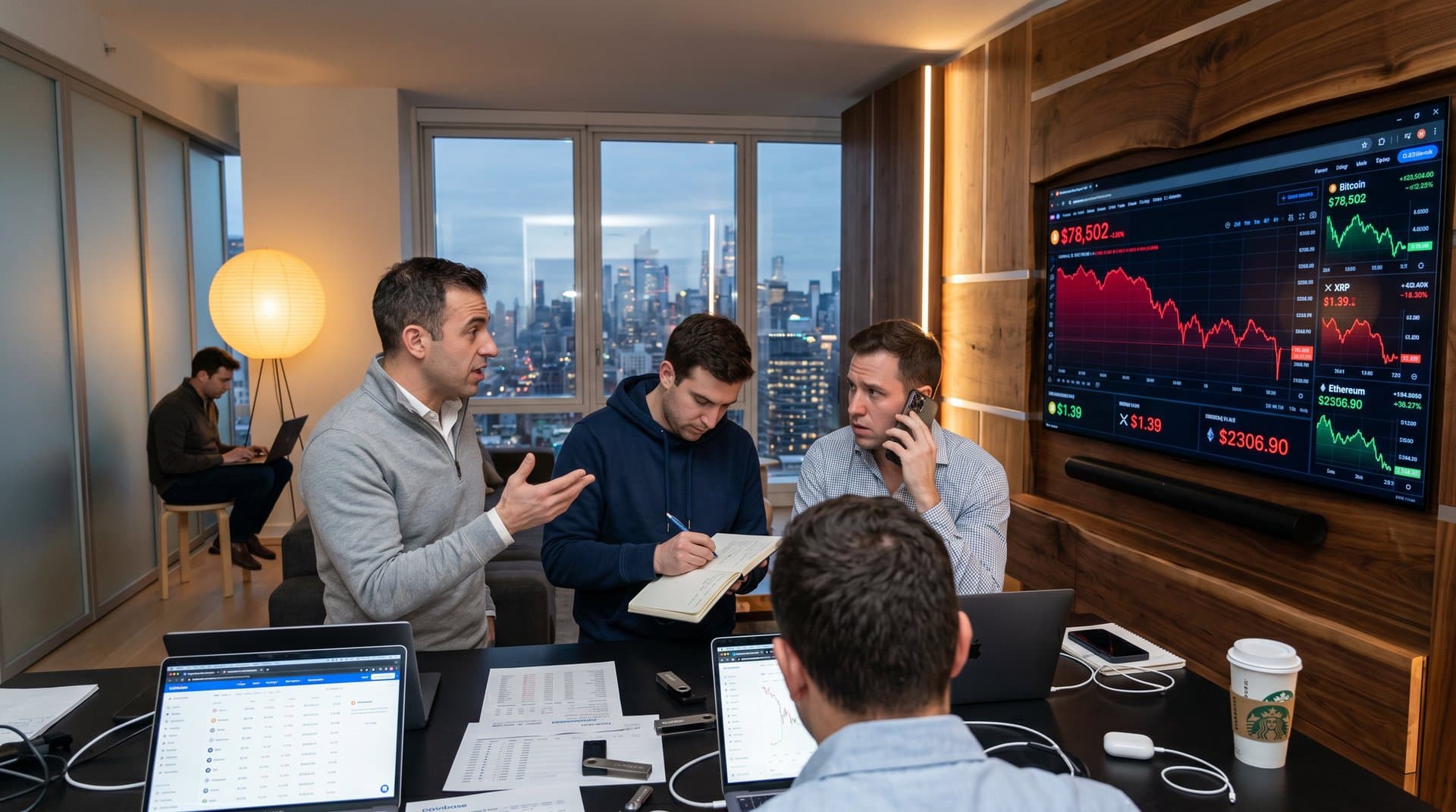 Urban loft media wall with crypto charts on OLED screen, BTC $78,502, Fear & Greed 26, design elements like Noguchi lamp and city view