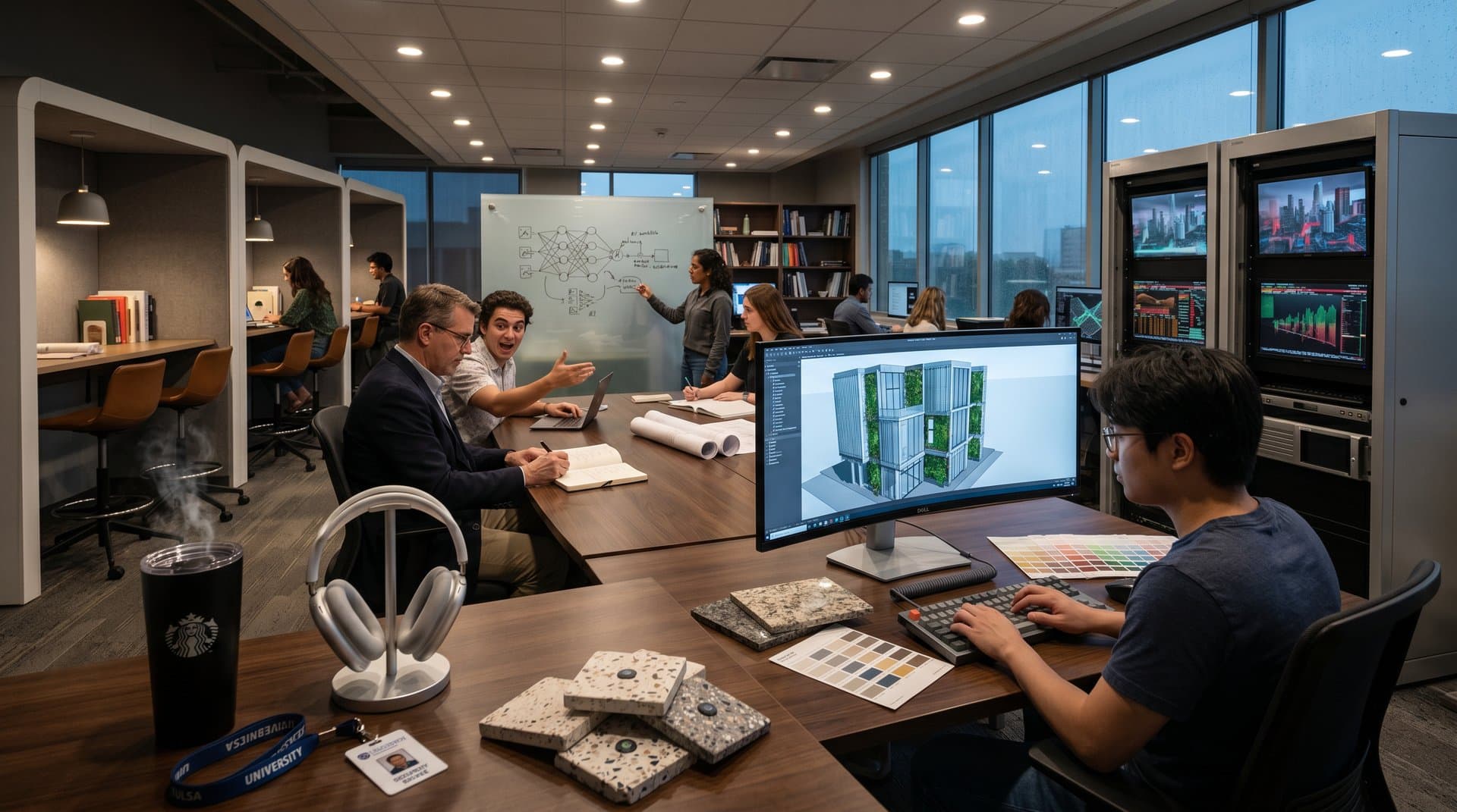 Design lab with walnut desks, monitors showing AI urban layouts, whiteboards, aluminum racks, and city skyline through glass walls