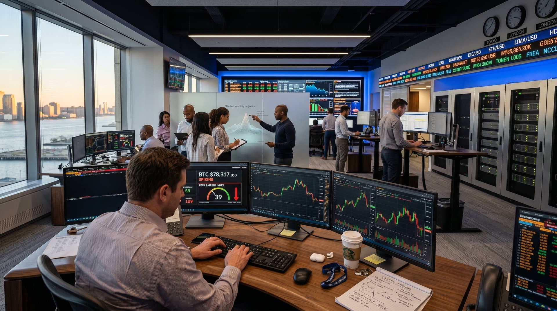 Trading desks with Bloomberg terminals showing BTC $78K, Fear & Greed 39, crypto charts amid market activity