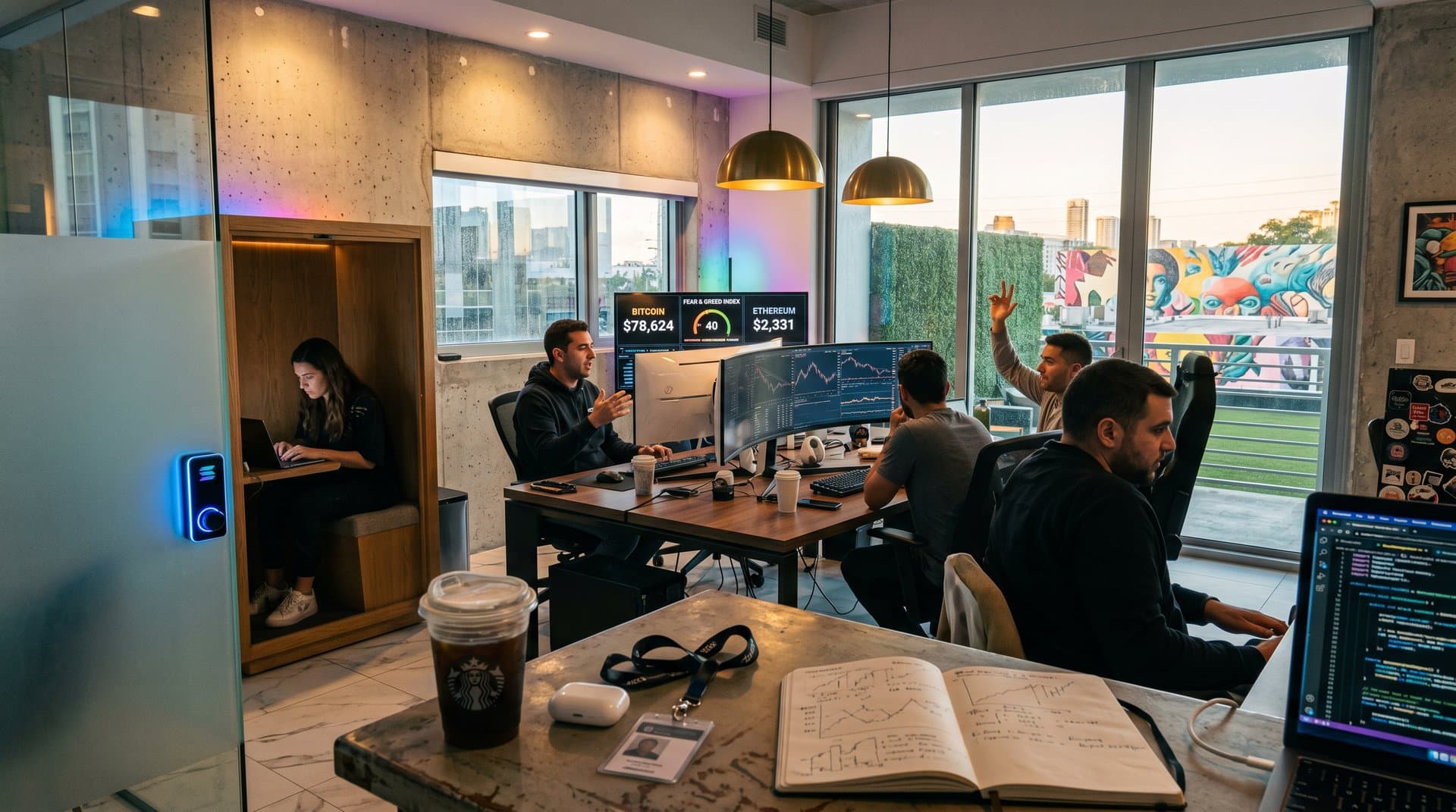 Traders monitor Bitcoin at $78,624 on multi-screen setups amid glass walls and urban views