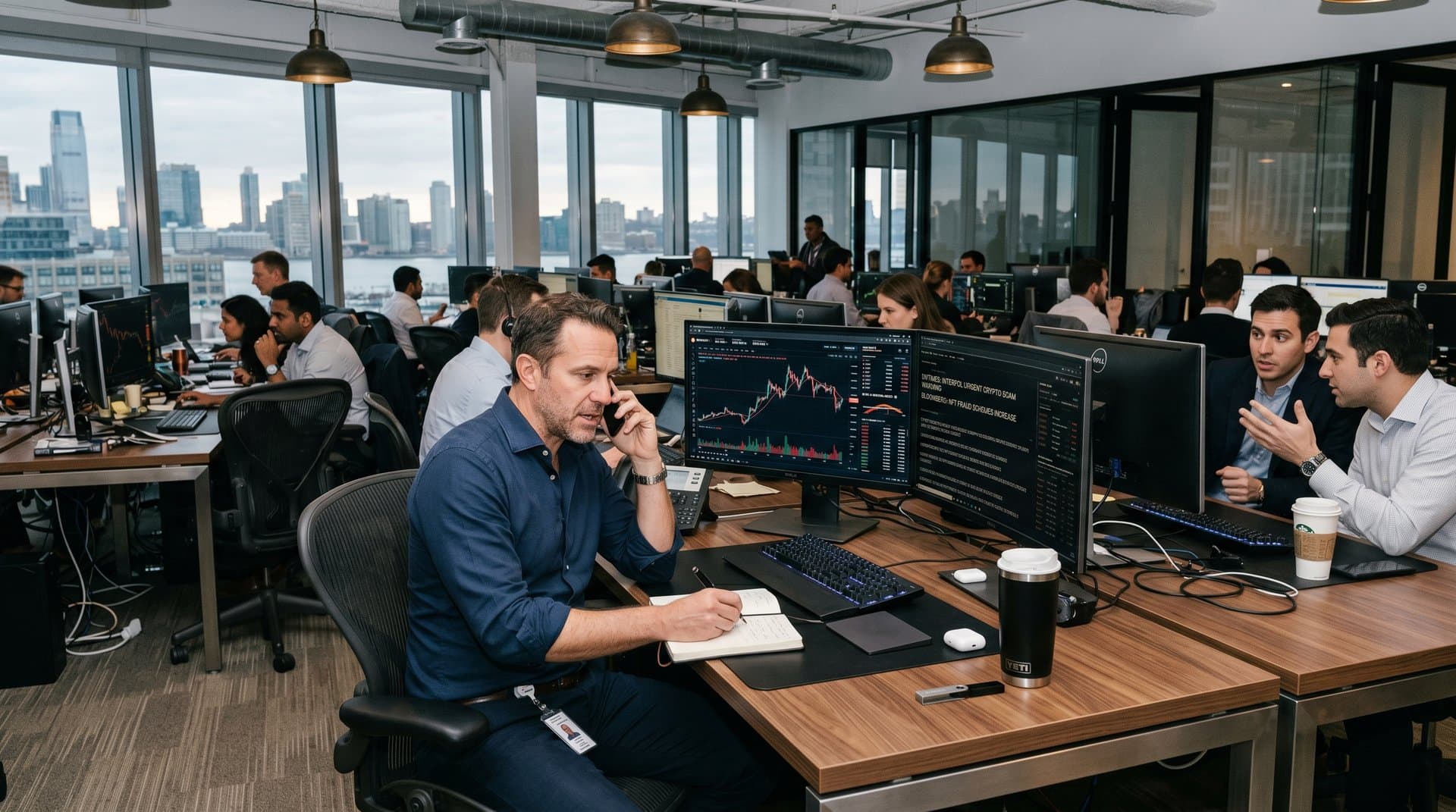 Modern walnut trading desk with monitors displaying BTC at $80,137 and Fear & Greed Index amid urban office design