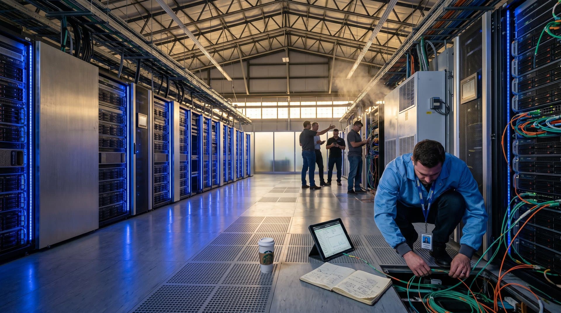 Technicians monitor glowing server racks and cooling systems in a busy Tier IV data center with raised floors and LED-lit aisles