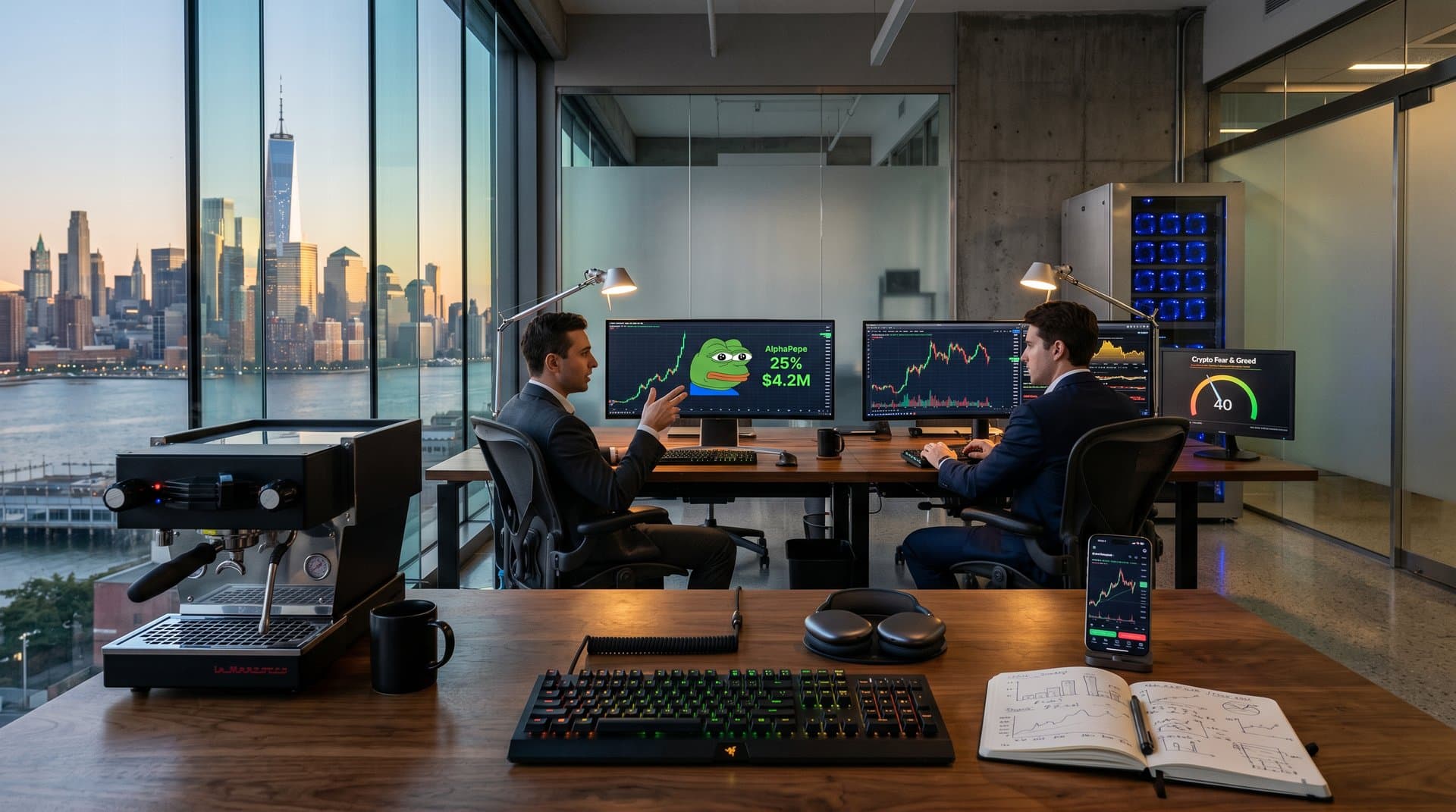 Urban traders analyze AlphaPepe and crypto charts on multi-monitors with city skyline and market data overlays