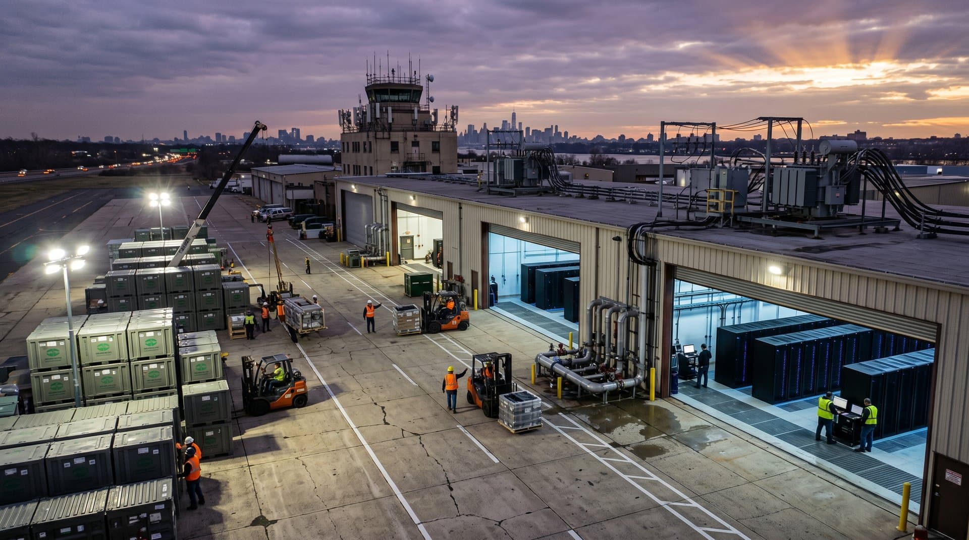 Aerial dusk view of Old Bridge Airport repurposed as New Jersey AI data center with server racks, runways, and Newark skyline