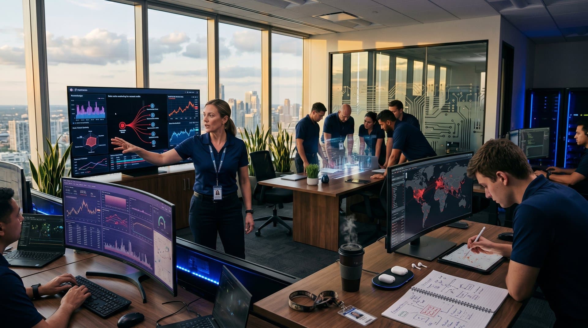 Urban hospital command center with AI cybersecurity dashboards and crypto charts against city skyline