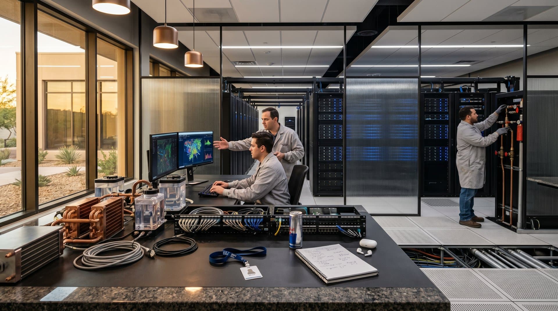 Water-cooled server racks and cooling infrastructure in a premium AI data center